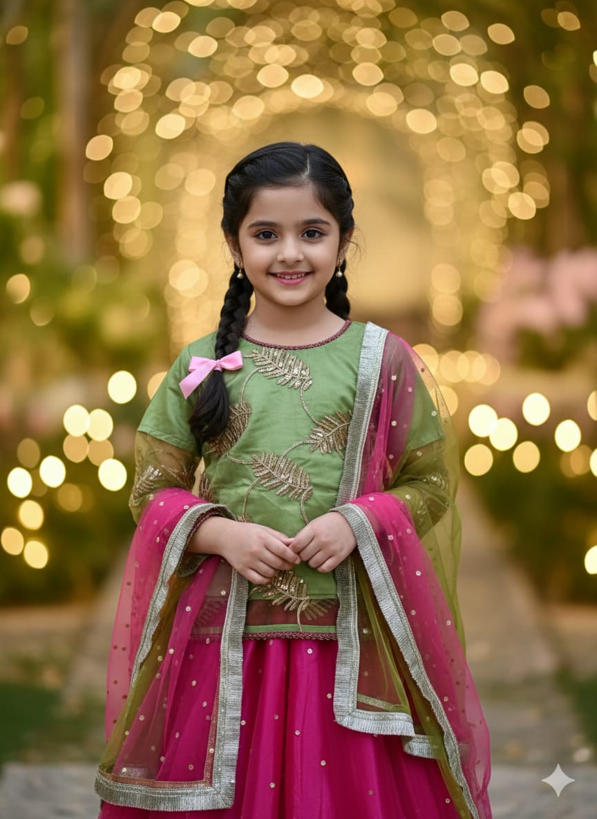 PC016A Girls Green & Pink Lehenga Set EID Wear