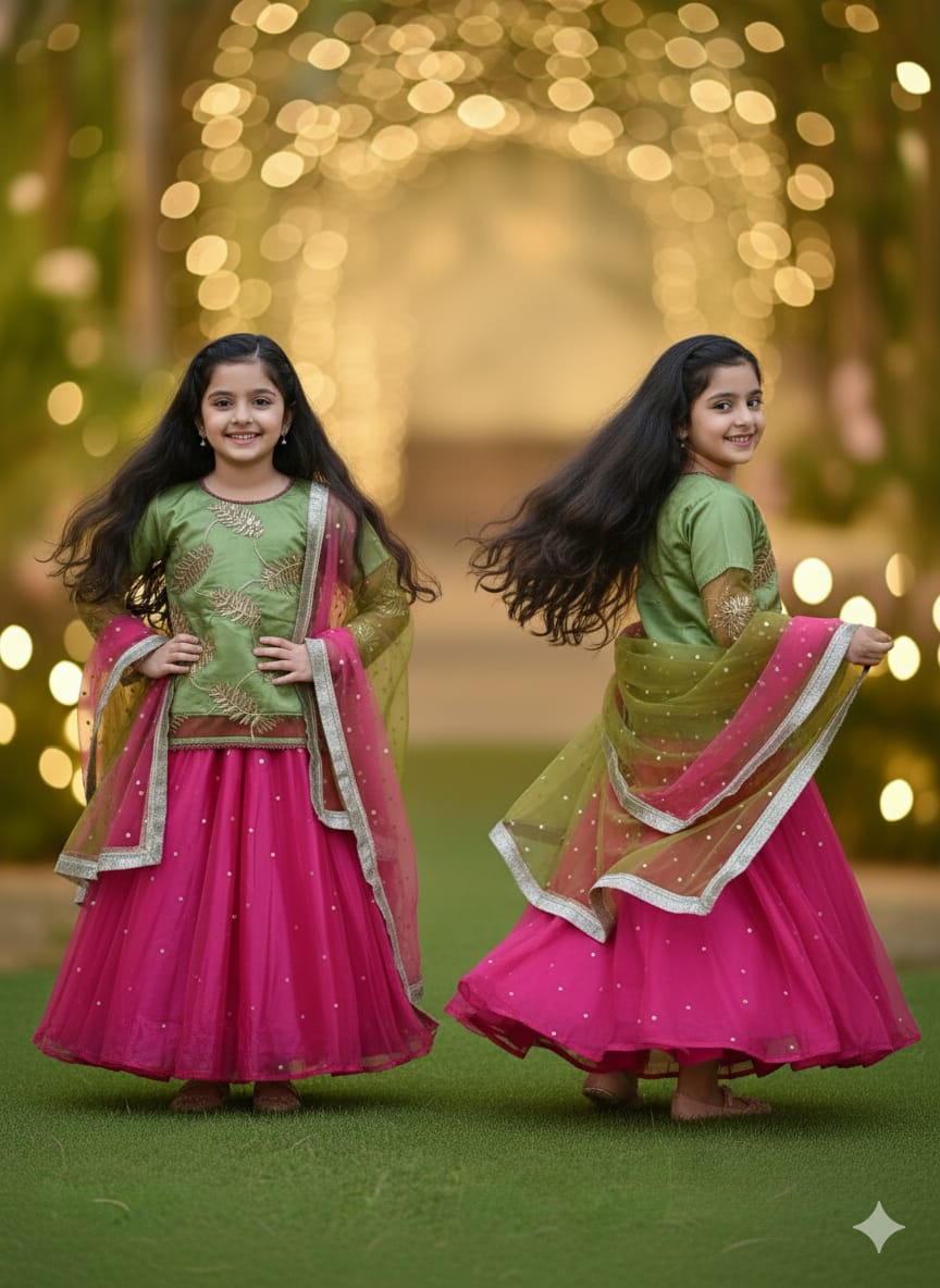 PC016A Girls Green & Pink Lehenga Set EID Wear