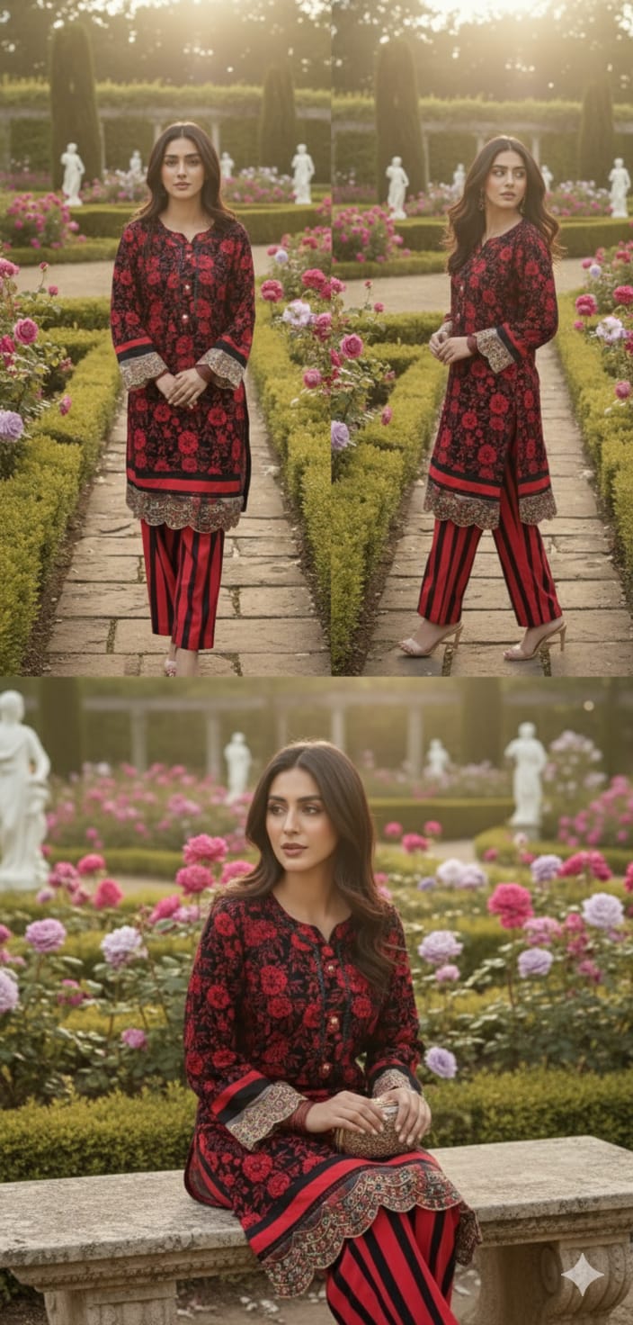 PC 016B Linen Red Floral Printed 2-Piece Suit