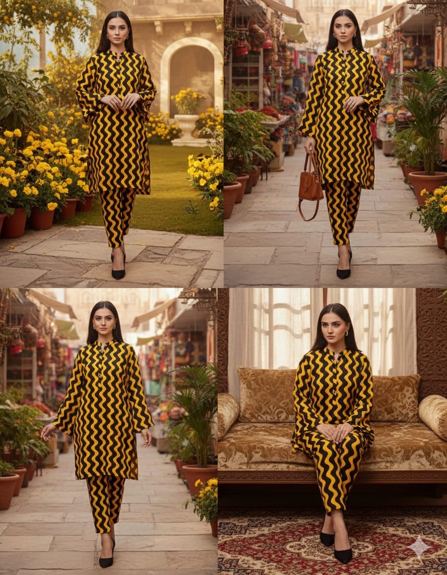 PC017B Black & Yellow Wave Print 2-Piece Suit - Contemporary Casual Wear