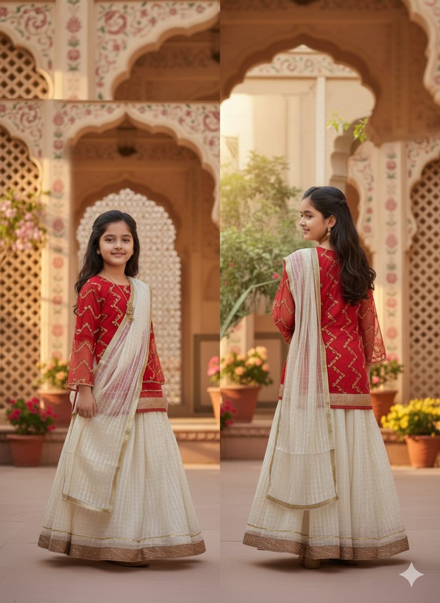PC016 Girls Red & White Lehenga Choli Set - Traditional Party Wear