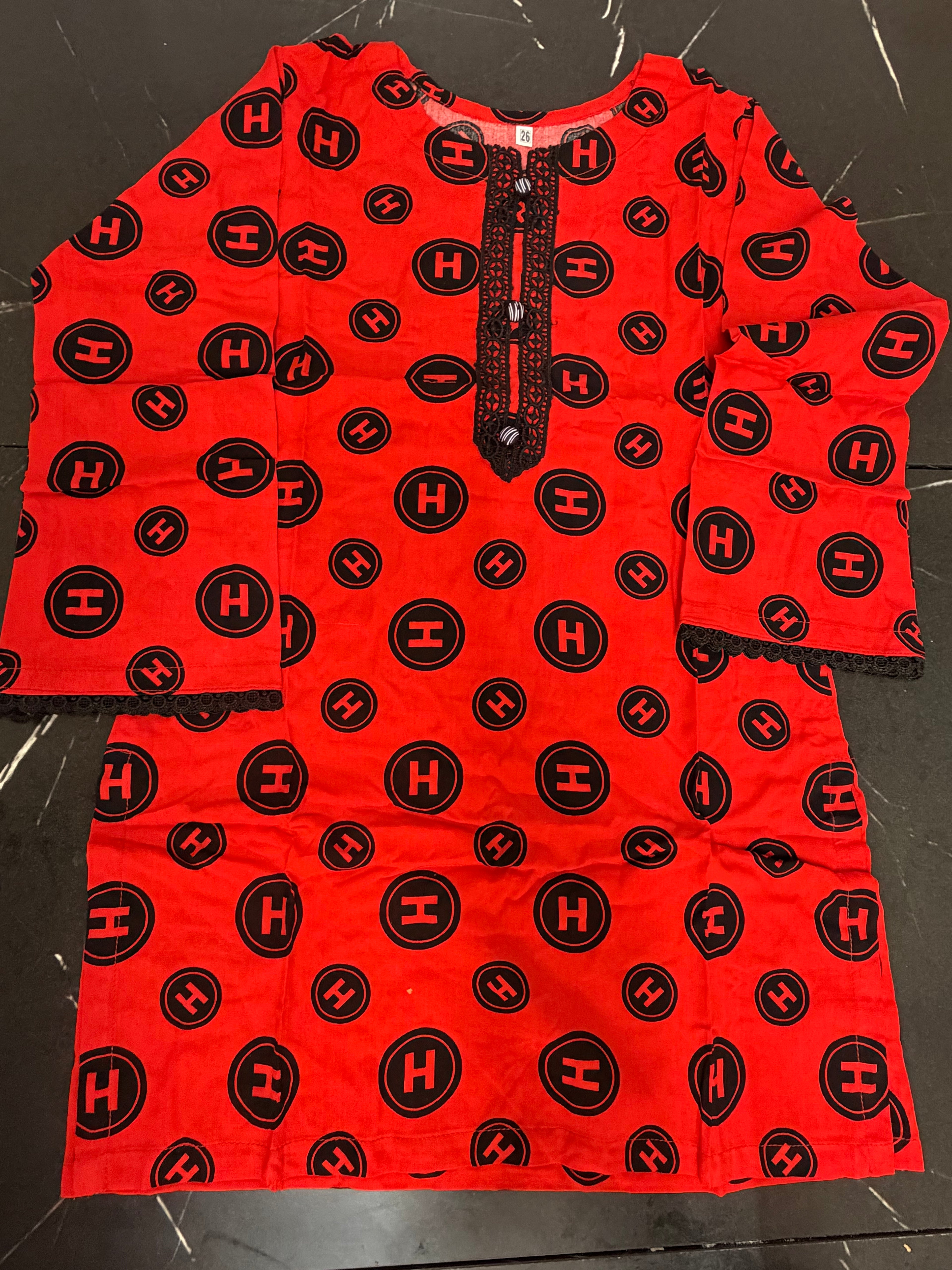 PC 016C Kids Red & Black Printed linen 2-Piece Suit.