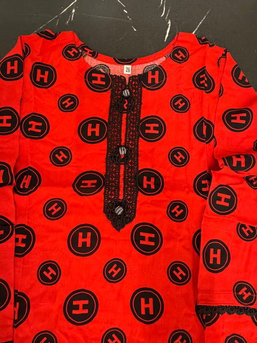 PC 016C Kids Red & Black Printed linen 2-Piece Suit.