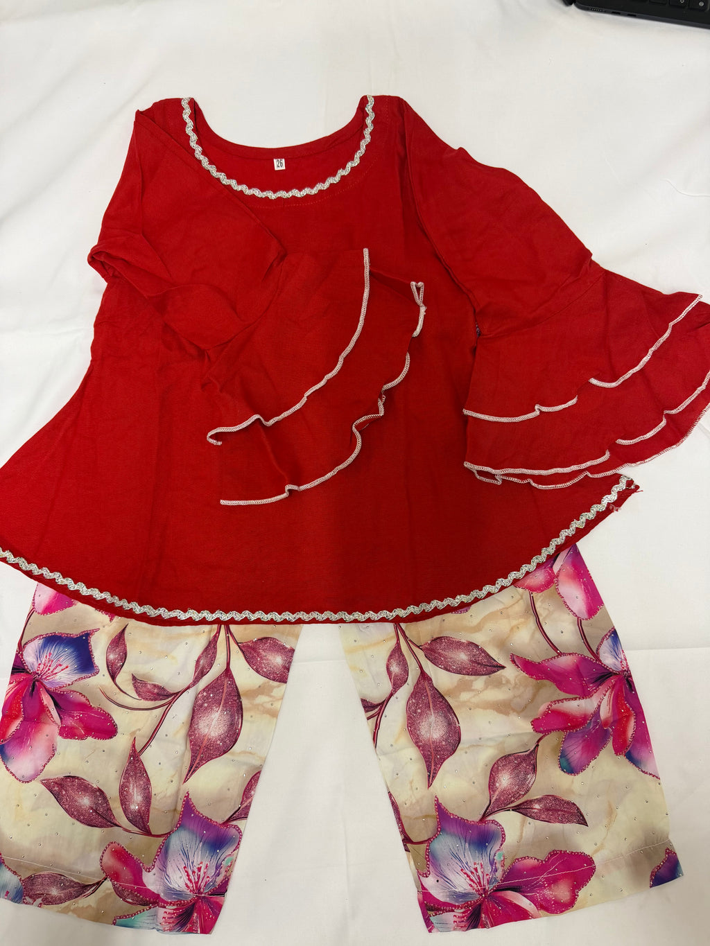 PC016F Girls Red & Floral Printed 2-Piece Suit - Festive Party Wear