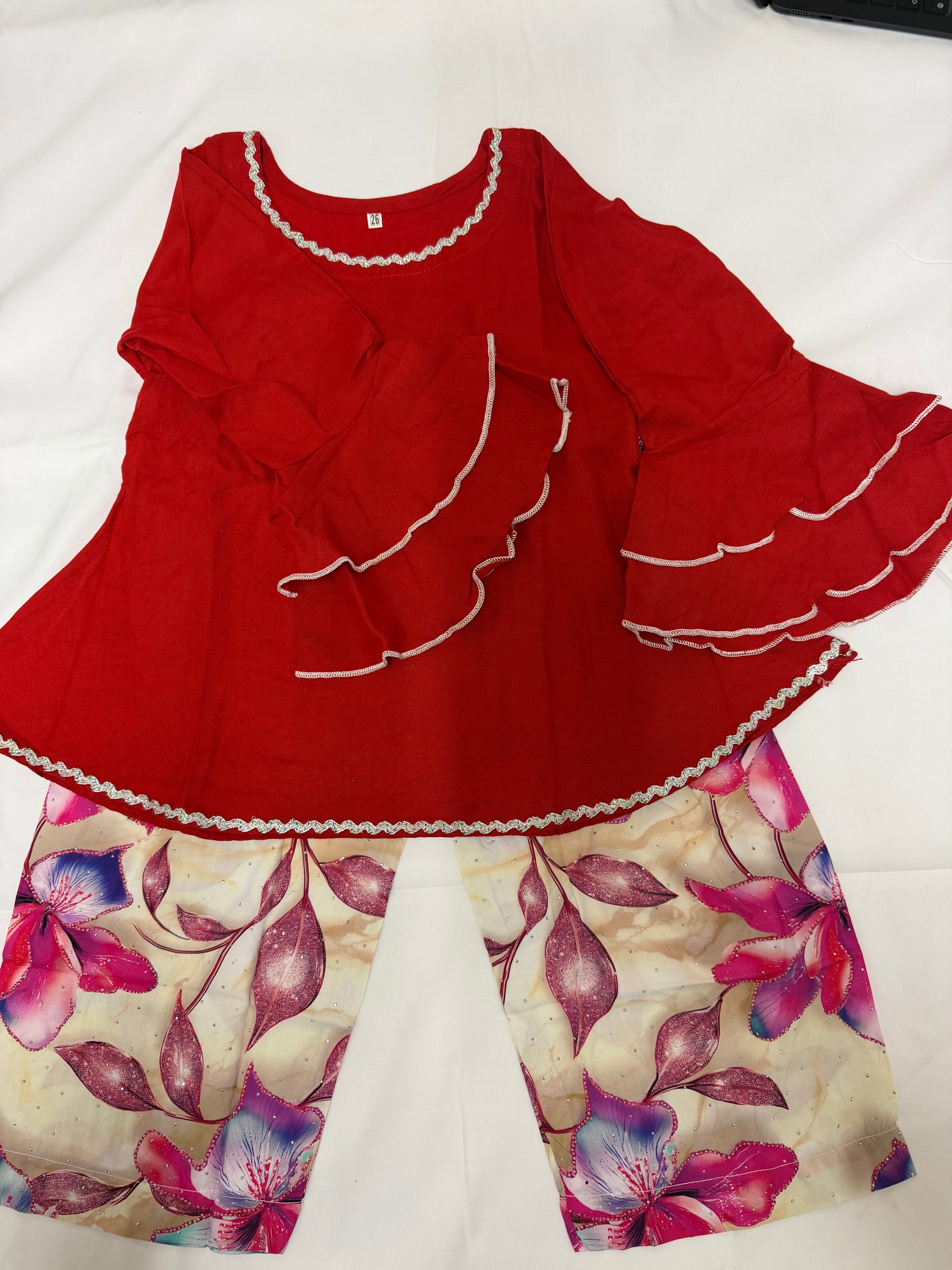 PC016F Girls Red & Floral Printed 2-Piece Suit - Festive Party Wear