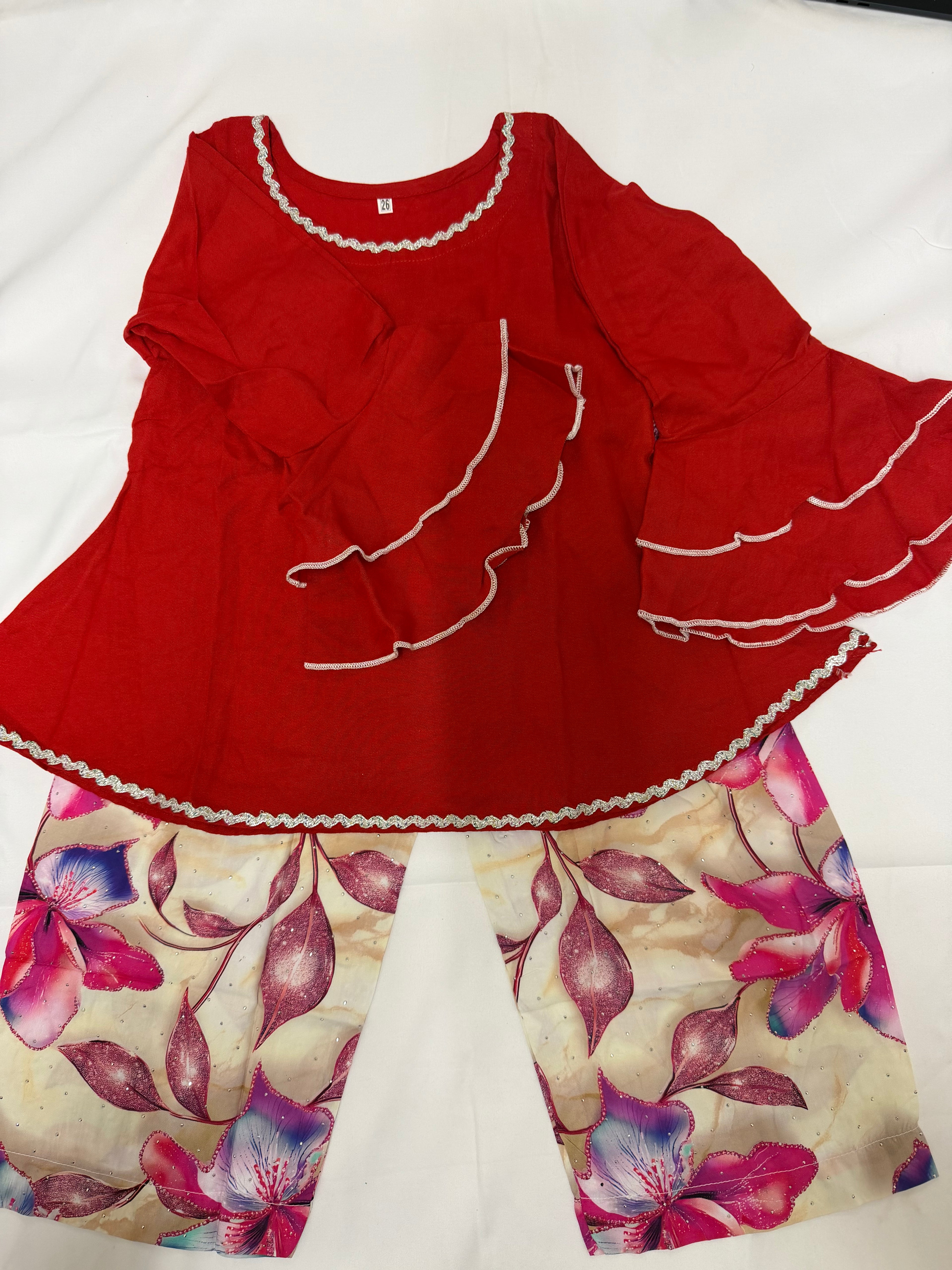 PC016F Girls Red & Floral Printed 2-Piece Suit - Festive Party Wear