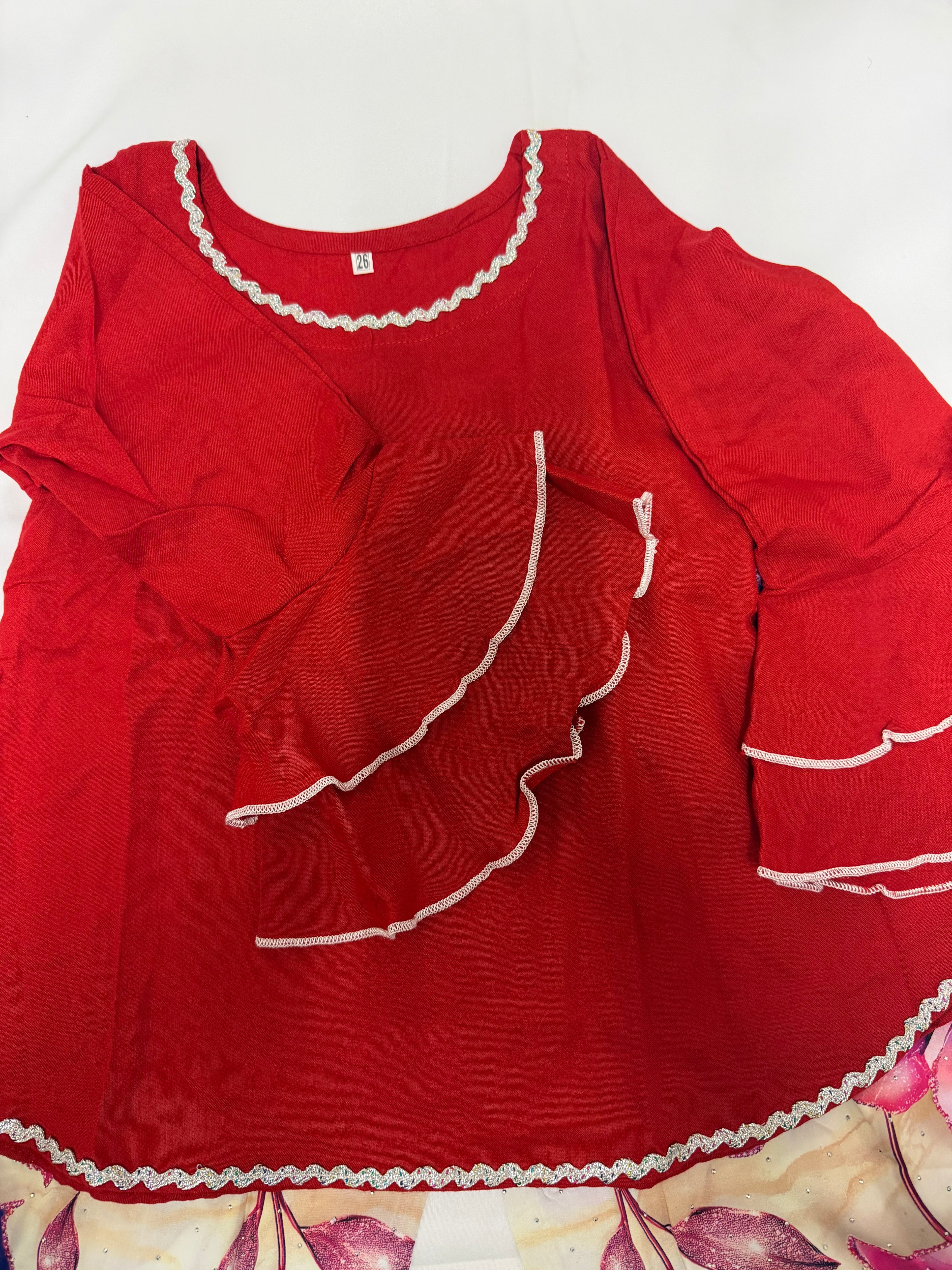 PC016F Girls Red & Floral Printed 2-Piece Suit - Festive Party Wear