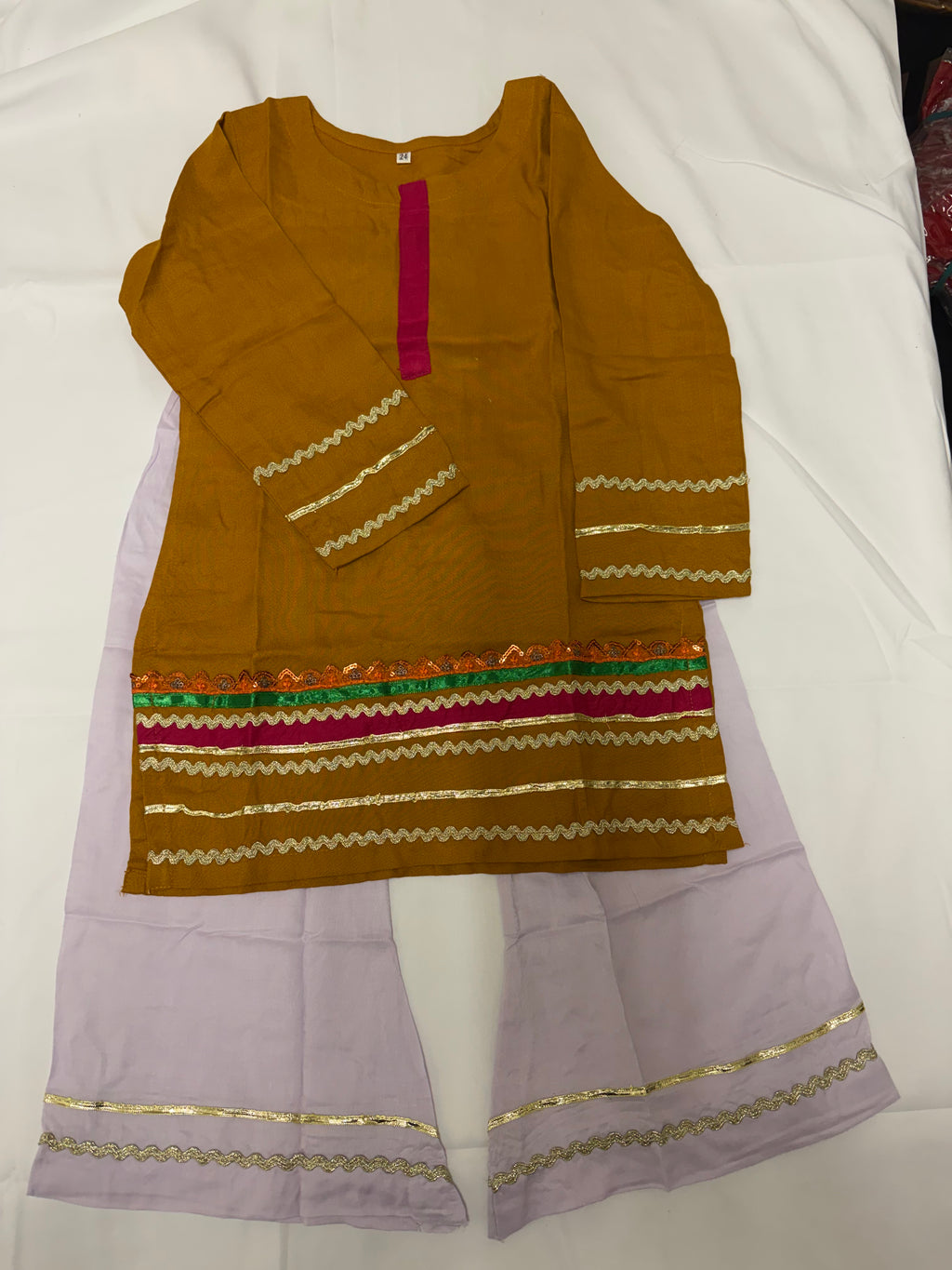 PC016G Girls Mustard & Lilac Embellished 2-Piece Suit - Festive Traditional Wear