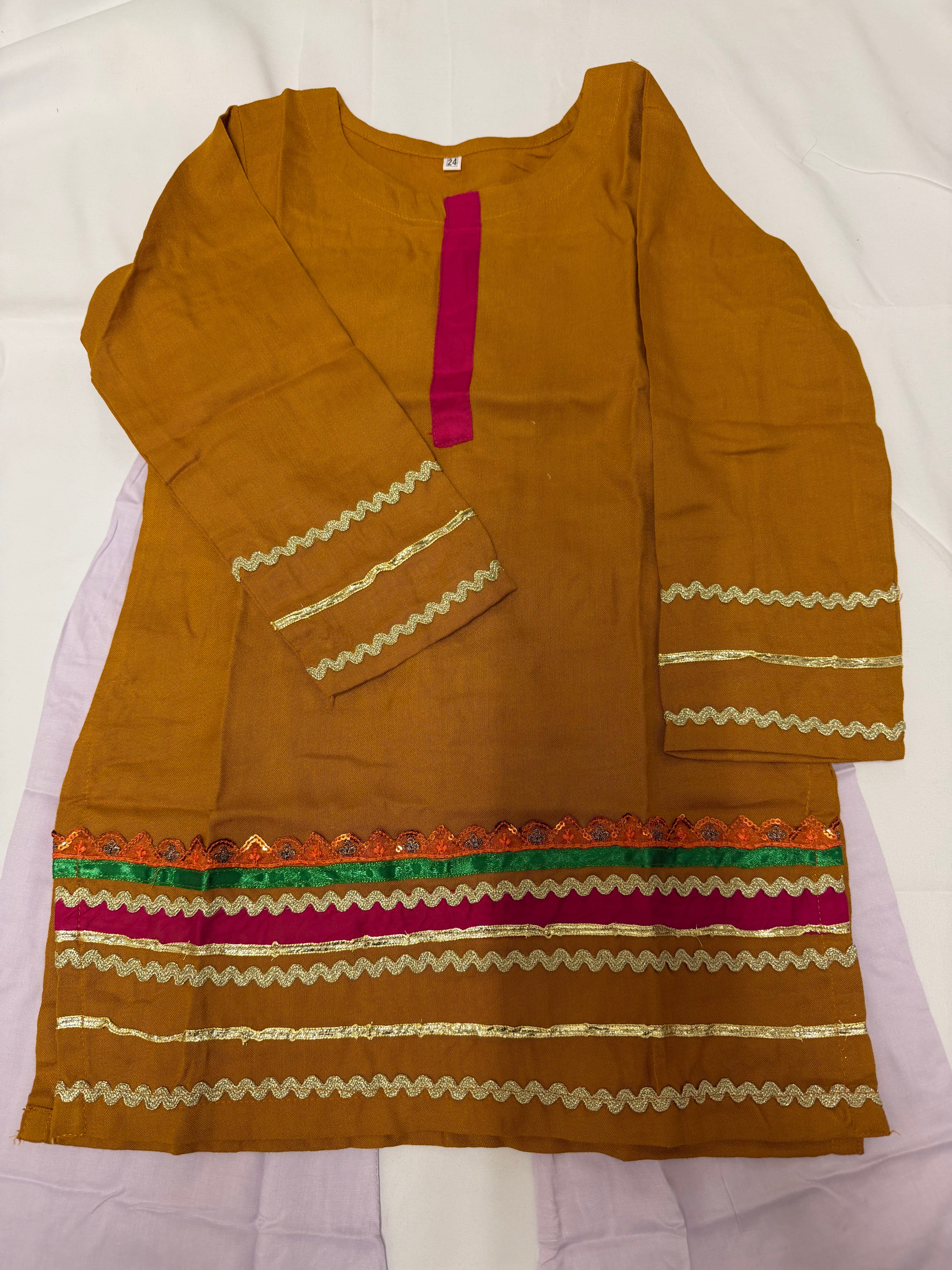PC016G Girls Mustard & Lilac Embellished 2-Piece Suit - Festive Traditional Wear