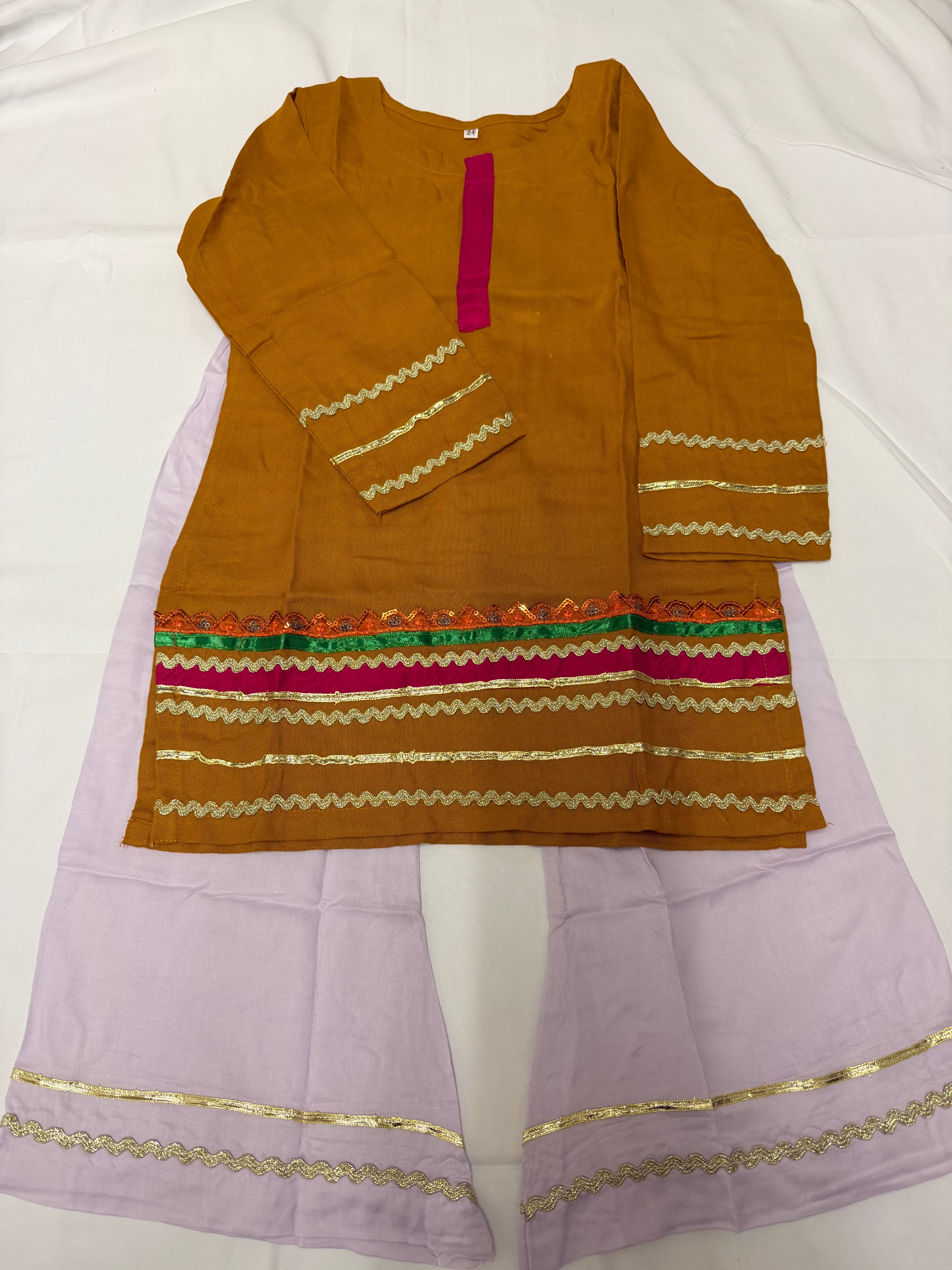 PC016G Girls Mustard & Lilac Embellished 2-Piece Suit - Festive Traditional Wear