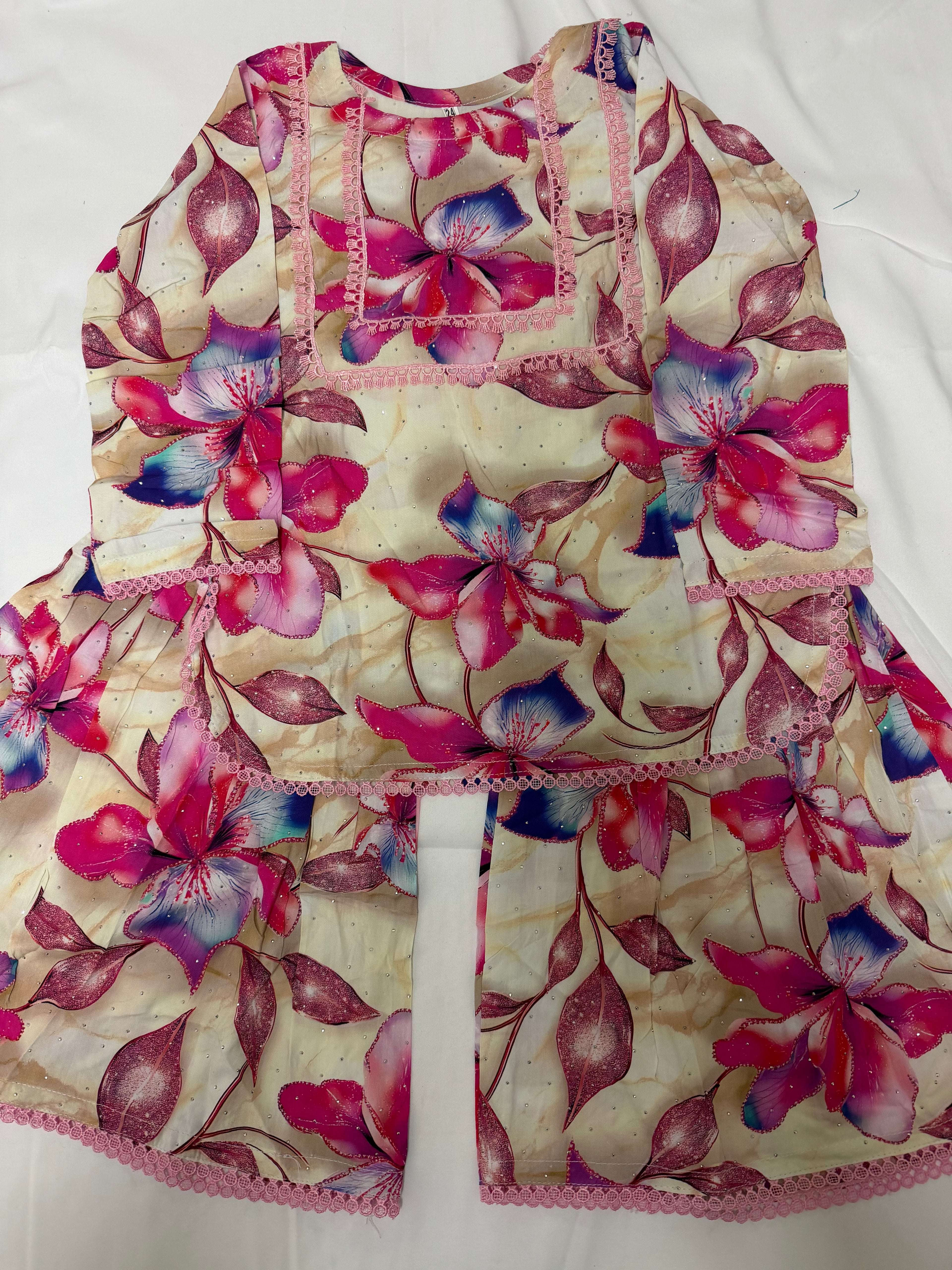 PC016H Girls Cream Floral Printed 2-Piece Suit - Party Wear