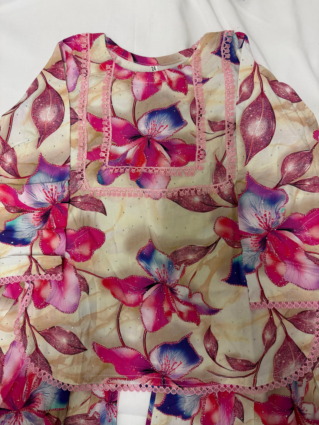 PC016H Girls Cream Floral Printed 2-Piece Suit - Party Wear