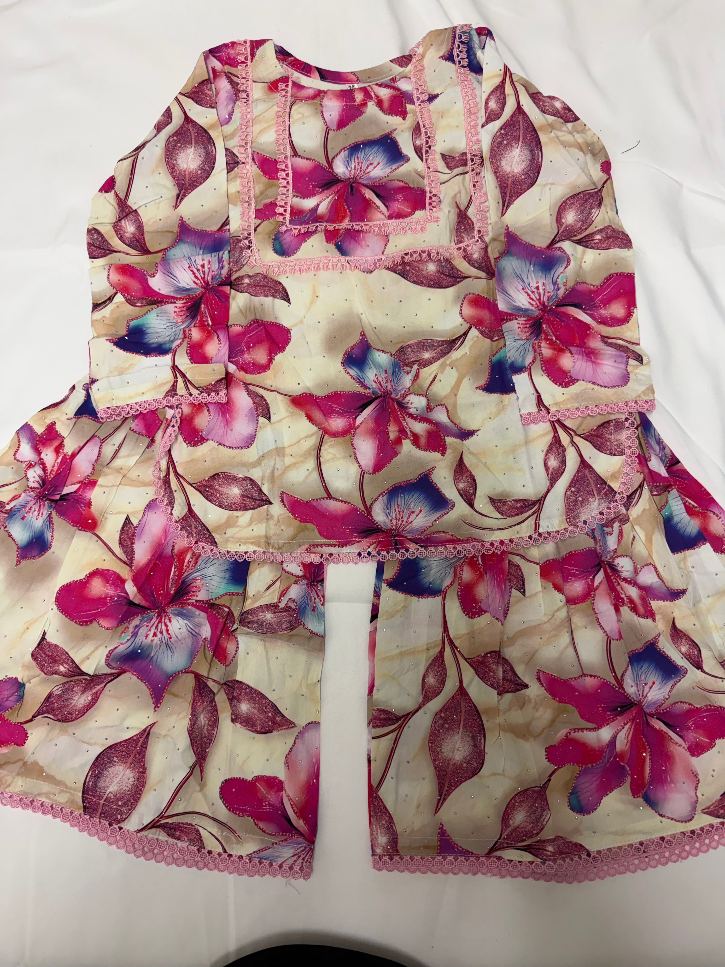 PC016H Girls Cream Floral Printed 2-Piece Suit - Party Wear