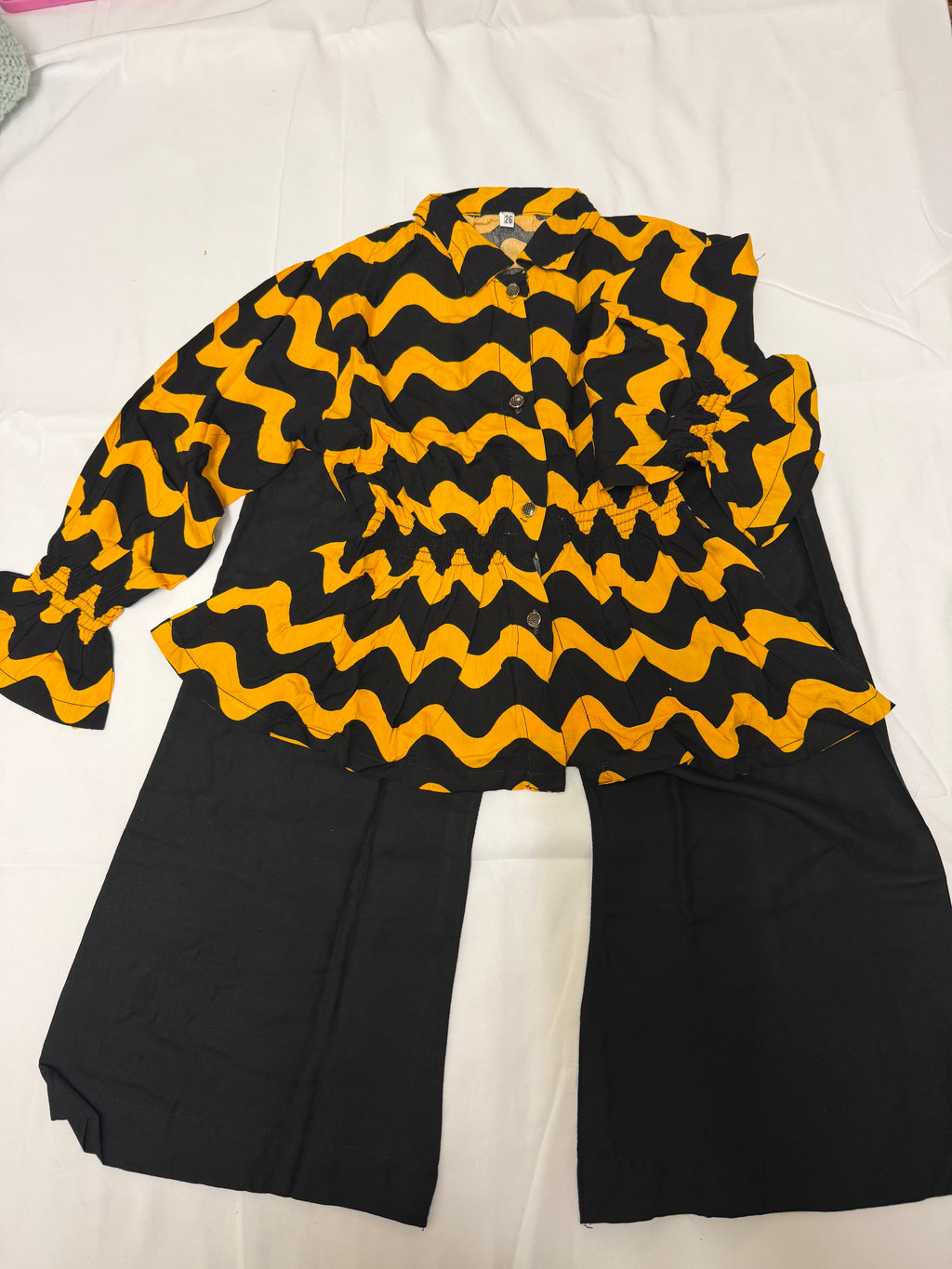 PC016K Girls Black & Yellow Wave Print 2-Piece Suit - Contemporary Casual Wear