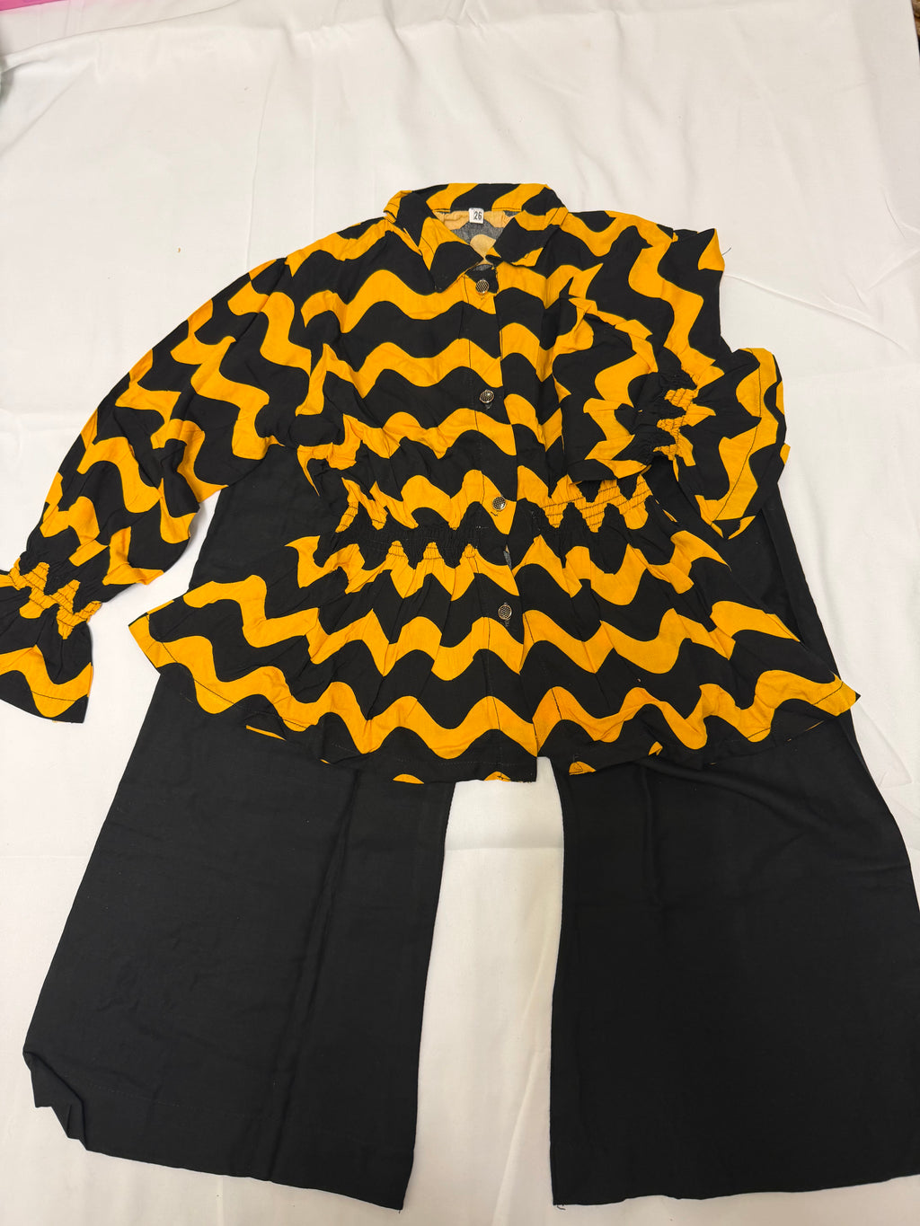PC016K Girls Black & Yellow Wave Print 2-Piece Suit - Contemporary Casual Wear