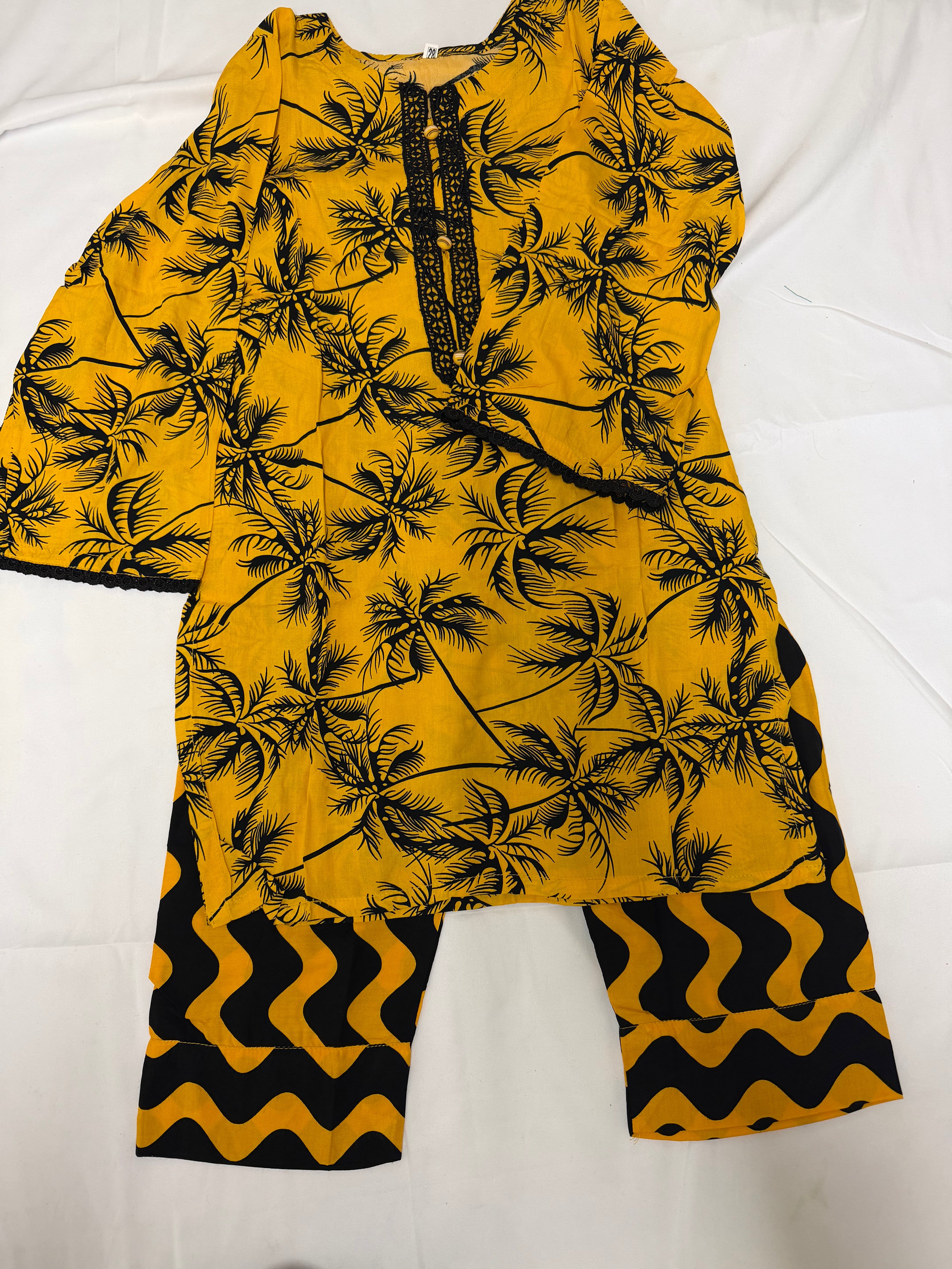 PC016L Girls Yellow Palm Tree Print 2-Piece Suit - Trendy Casual Wear