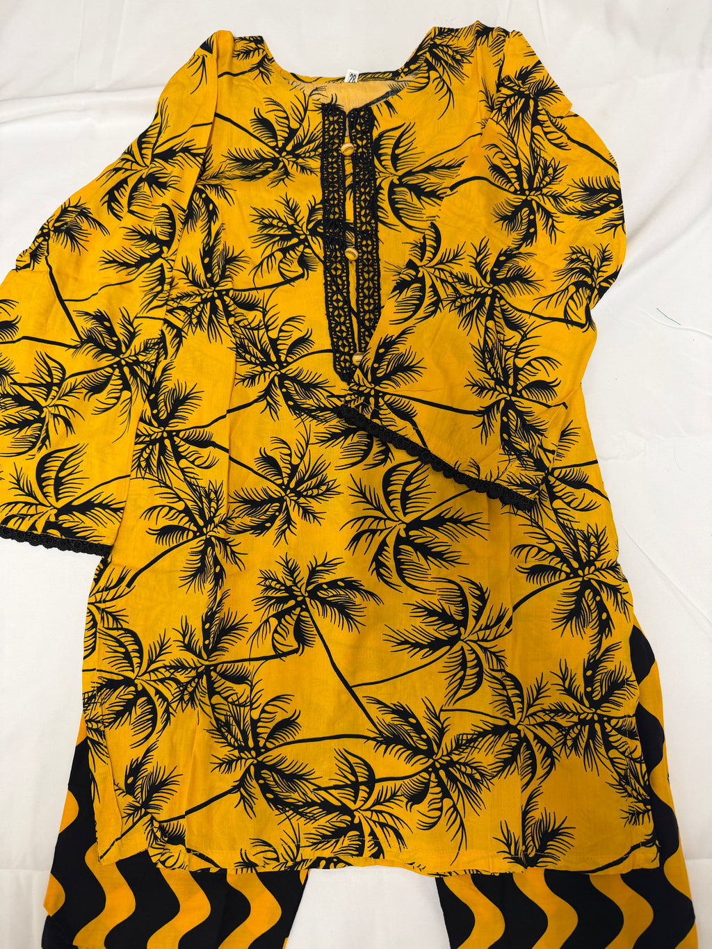 PC016L Girls Yellow Palm Tree Print 2-Piece Suit - Trendy Casual Wear