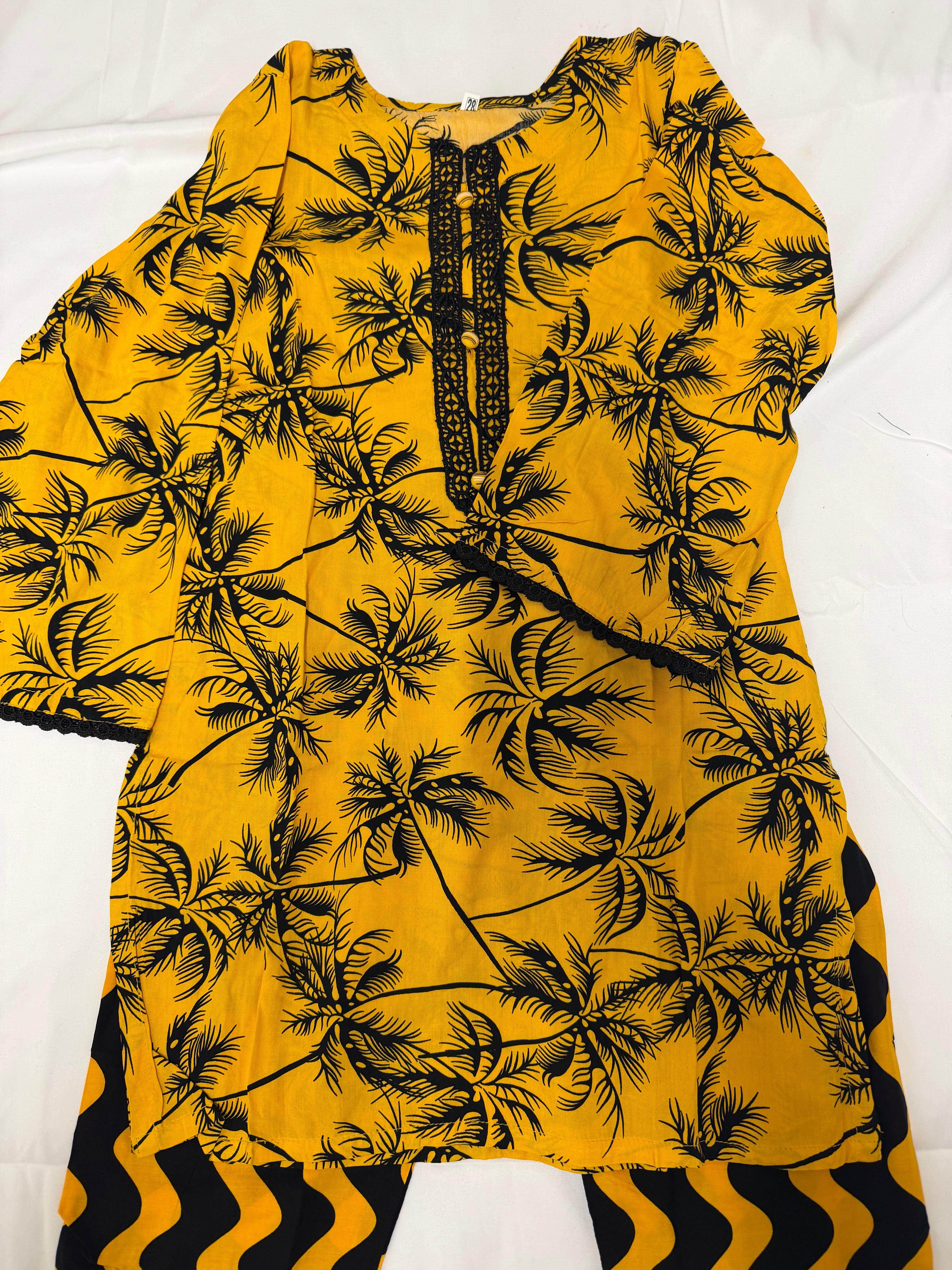 PC016L Girls Yellow Palm Tree Print 2-Piece Suit - Trendy Casual Wear
