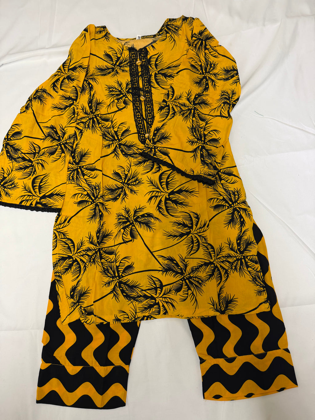 PC016L Girls Yellow Palm Tree Print 2-Piece Suit - Trendy Casual Wear