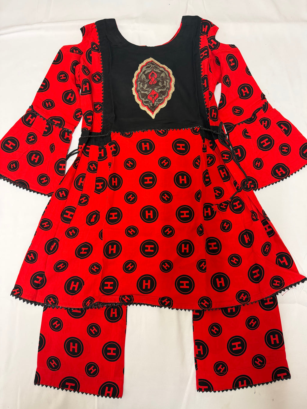 PC016N Girls Red & Black Linen Printed 2-Piece Suit - Designer Party Wear