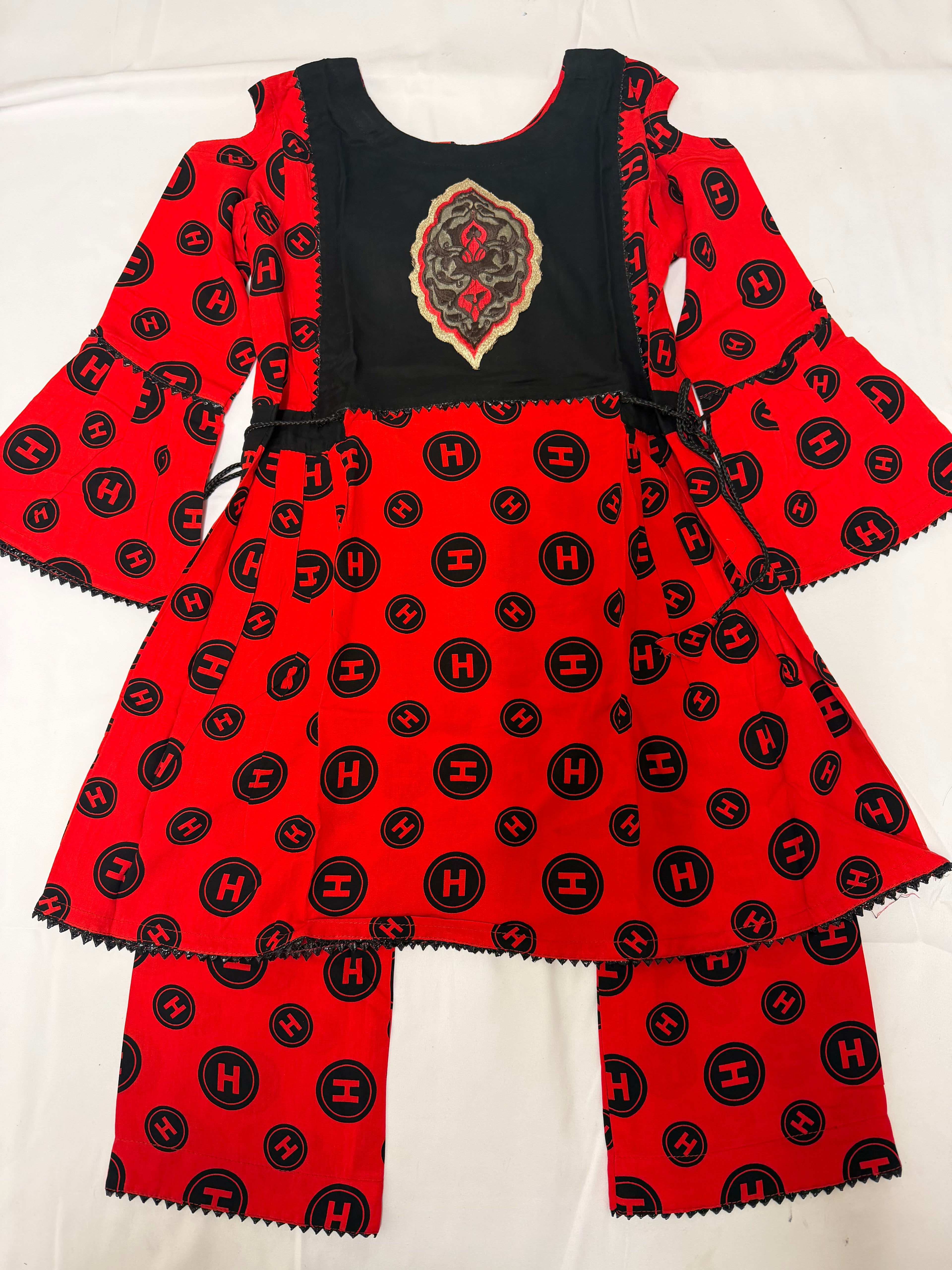 PC016N Girls Red & Black Linen Printed 2-Piece Suit - Designer Party Wear