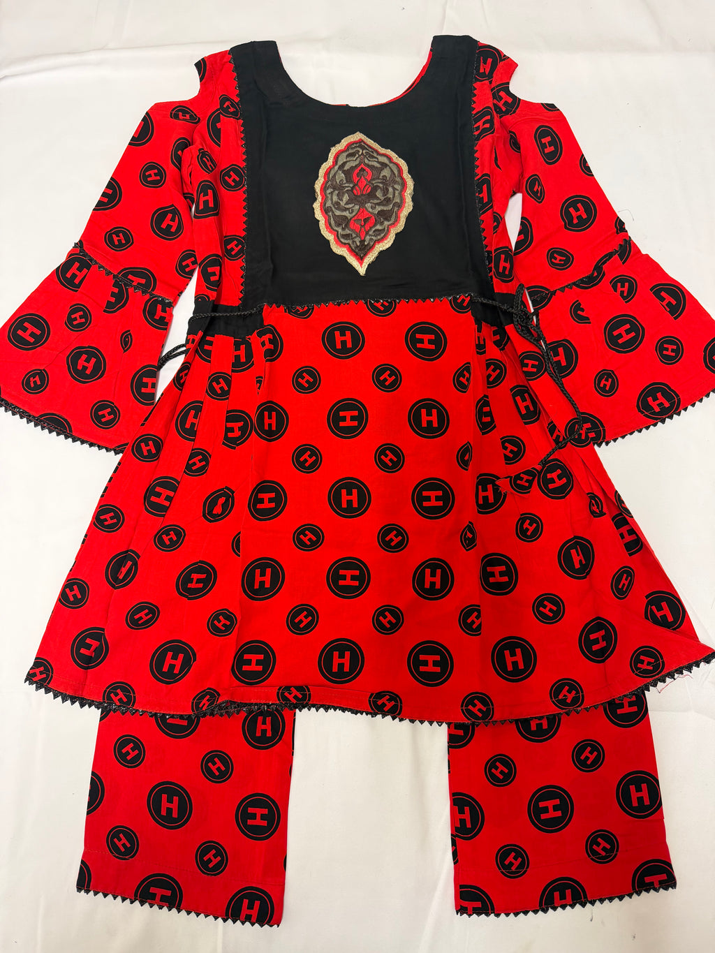 PC016N Girls Red & Black Linen Printed 2-Piece Suit - Designer Party Wear