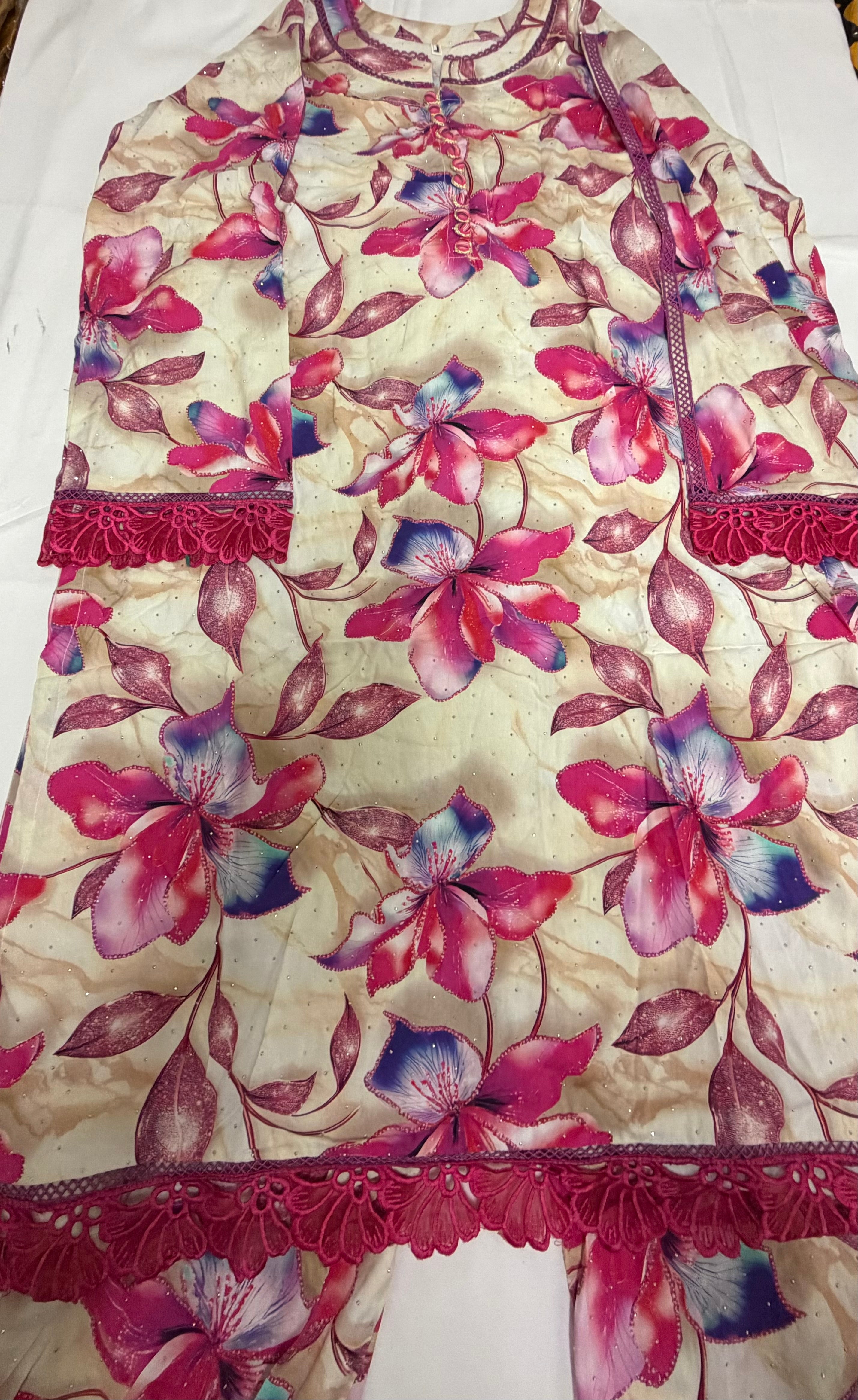 PC017A Cream & Pink Floral Printed 2-Piece Suit - Elegant Party Wear