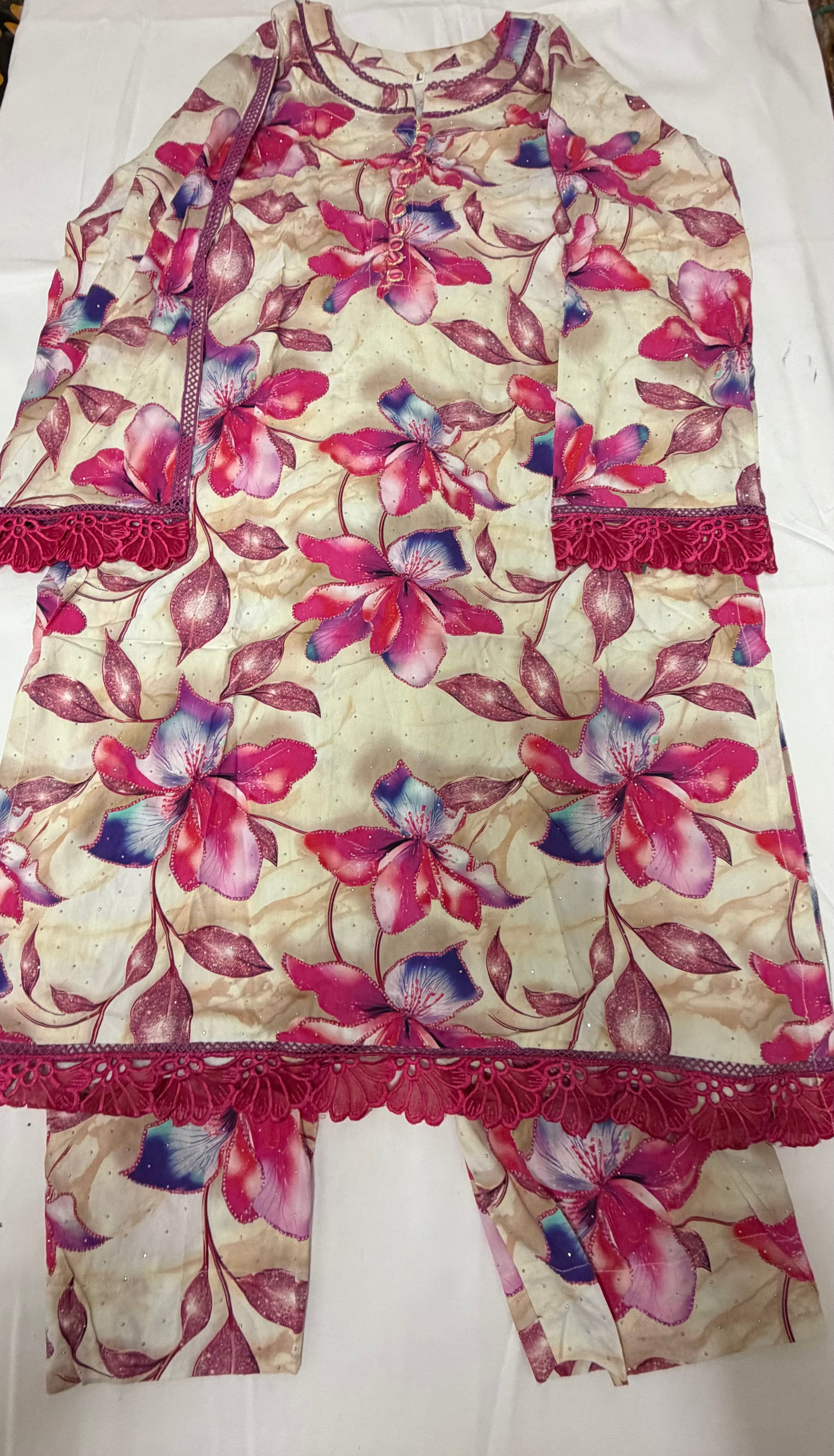PC017A Cream & Pink Floral Printed 2-Piece Suit - Elegant Party Wear
