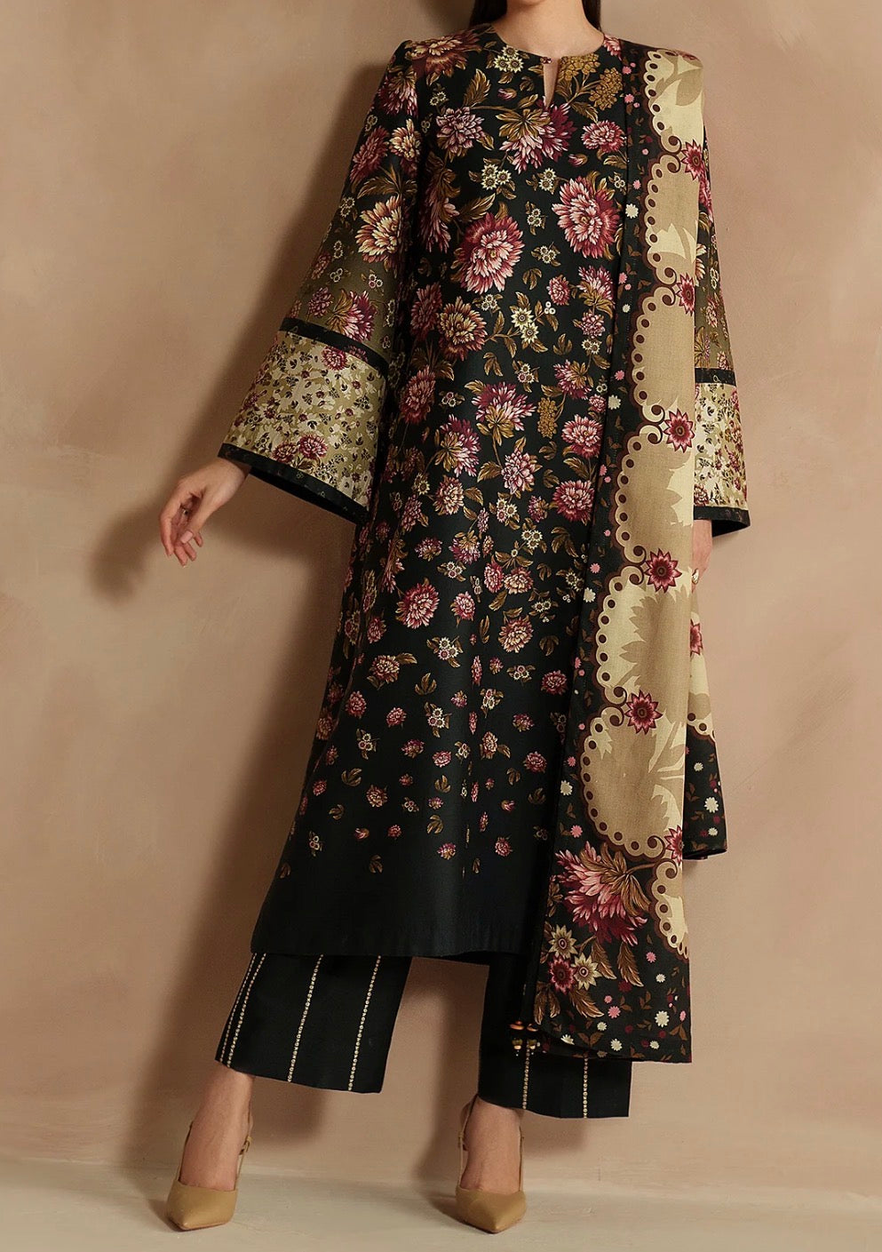 PC017G Jazmin|Black Floral Embroidered Premium Viscose 3-Piece Suit