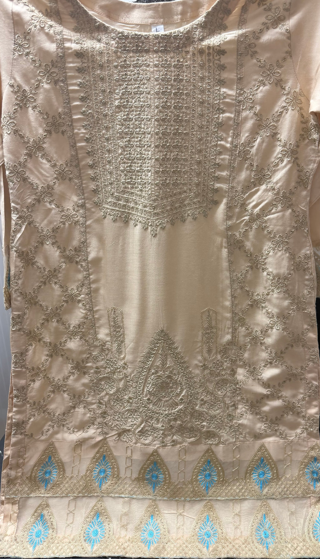PC017H 3Piece Champagne Gold Embroidered Formal Outfit with Turquoise Accents