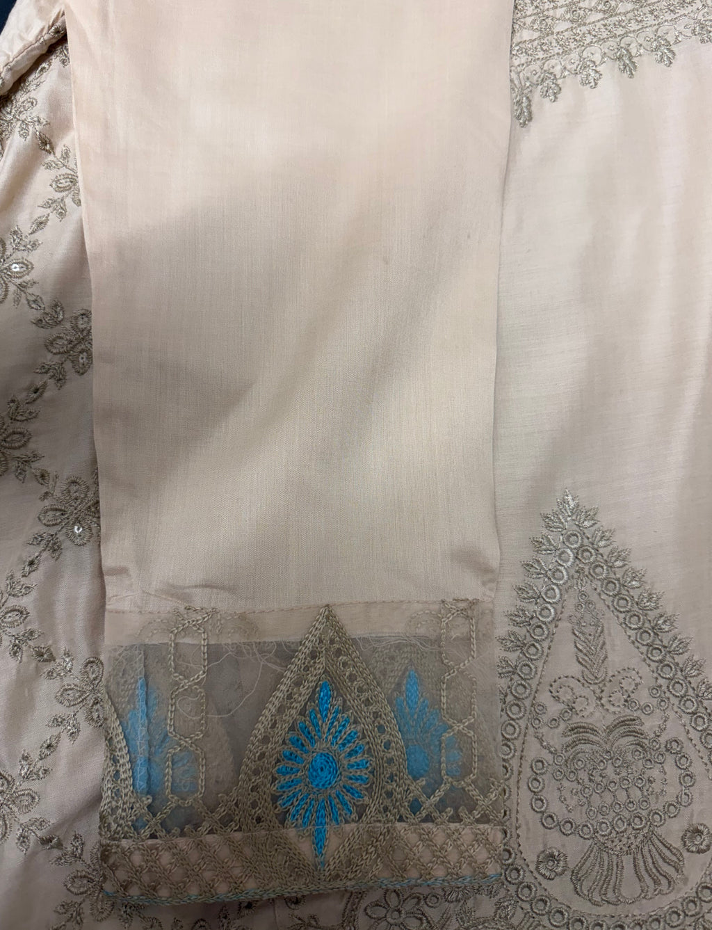PC017H 3Piece Champagne Gold Embroidered Formal Outfit with Turquoise Accents