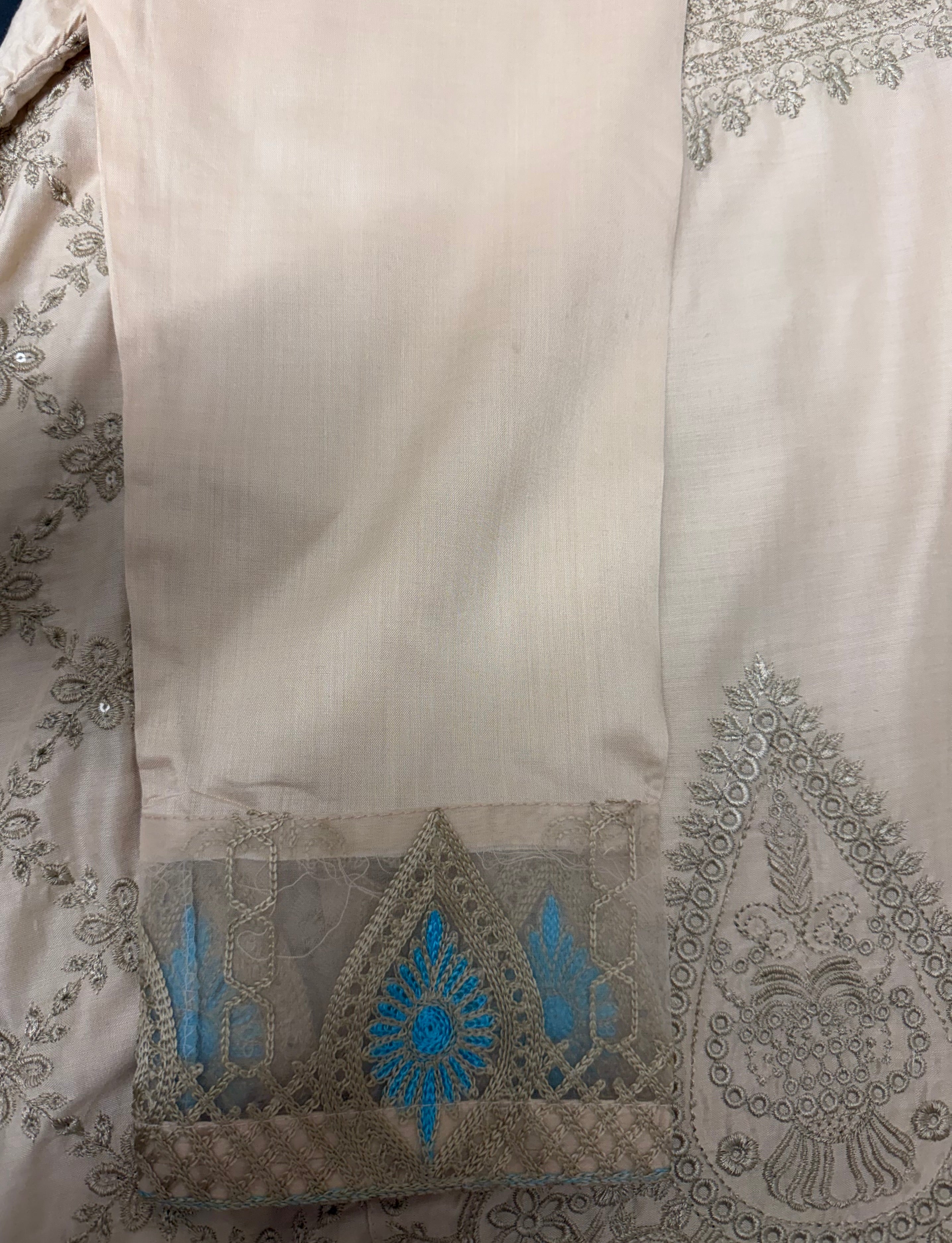 PC017H 3Piece Champagne Gold Embroidered Formal Outfit with Turquoise Accents