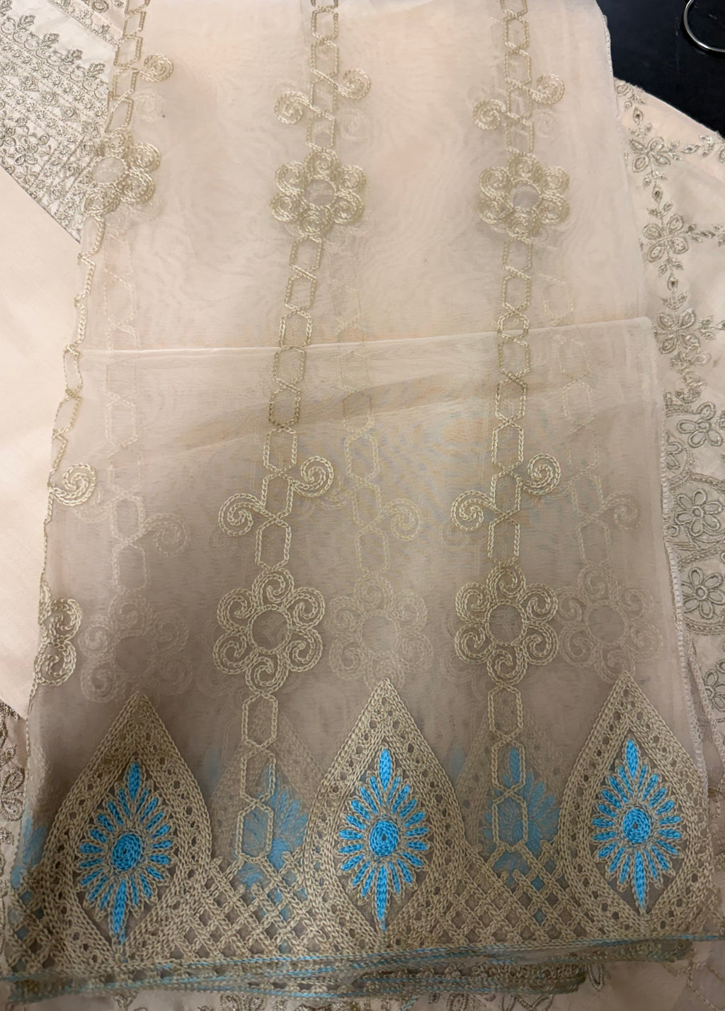 PC017H 3Piece Champagne Gold Embroidered Formal Outfit with Turquoise Accents