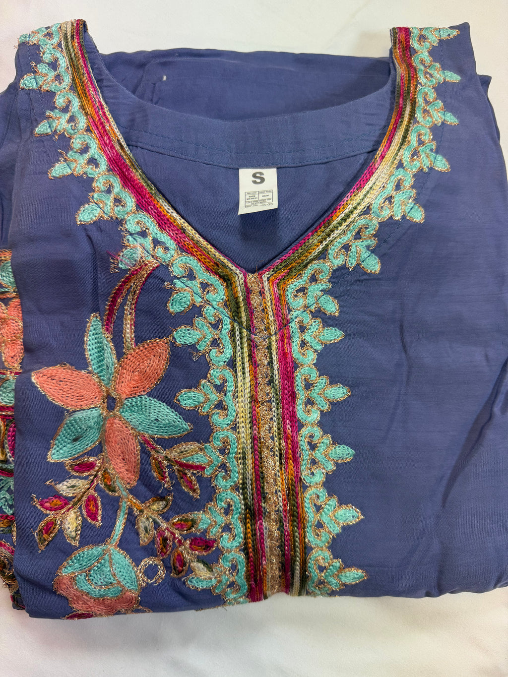 PC017L Blue Embroidered Suit - Turquoise & Coral Floral Threadwork