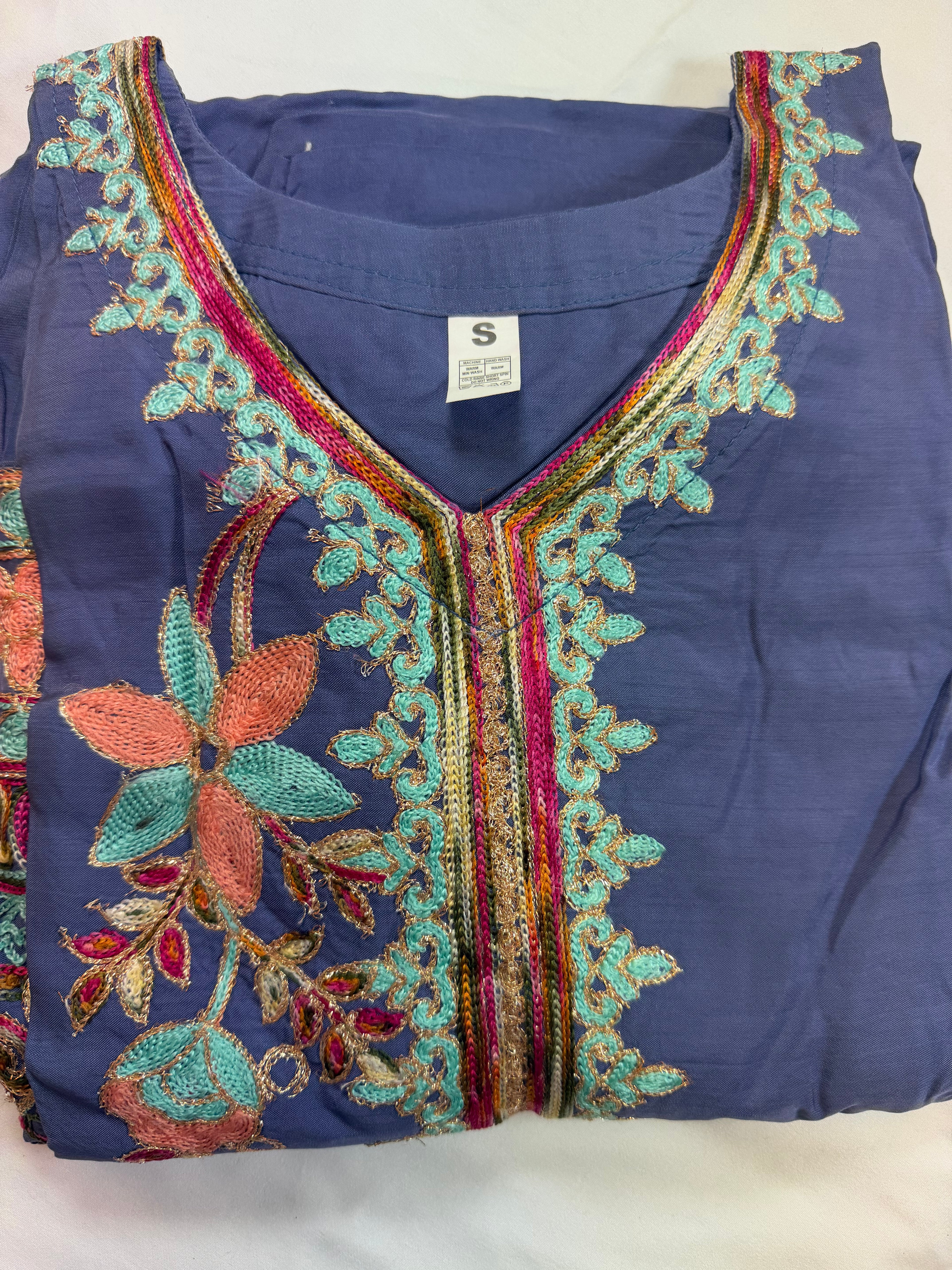PC017L Blue Embroidered Suit - Turquoise & Coral Floral Threadwork