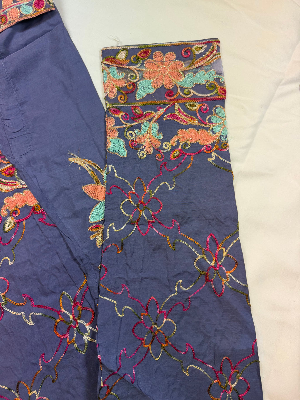 PC017L Blue Embroidered Suit - Turquoise & Coral Floral Threadwork