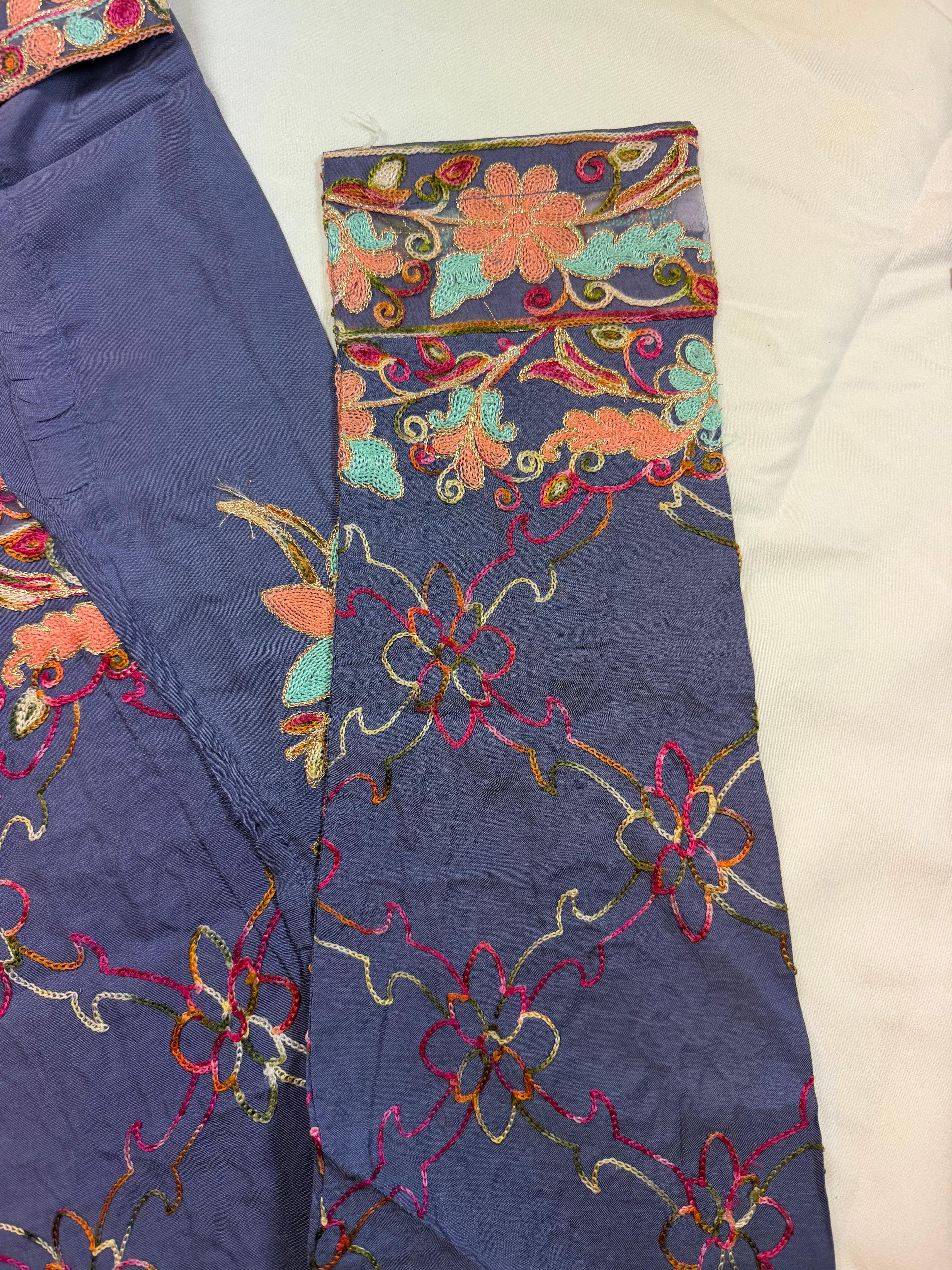 PC017L Blue Embroidered Suit - Turquoise & Coral Floral Threadwork