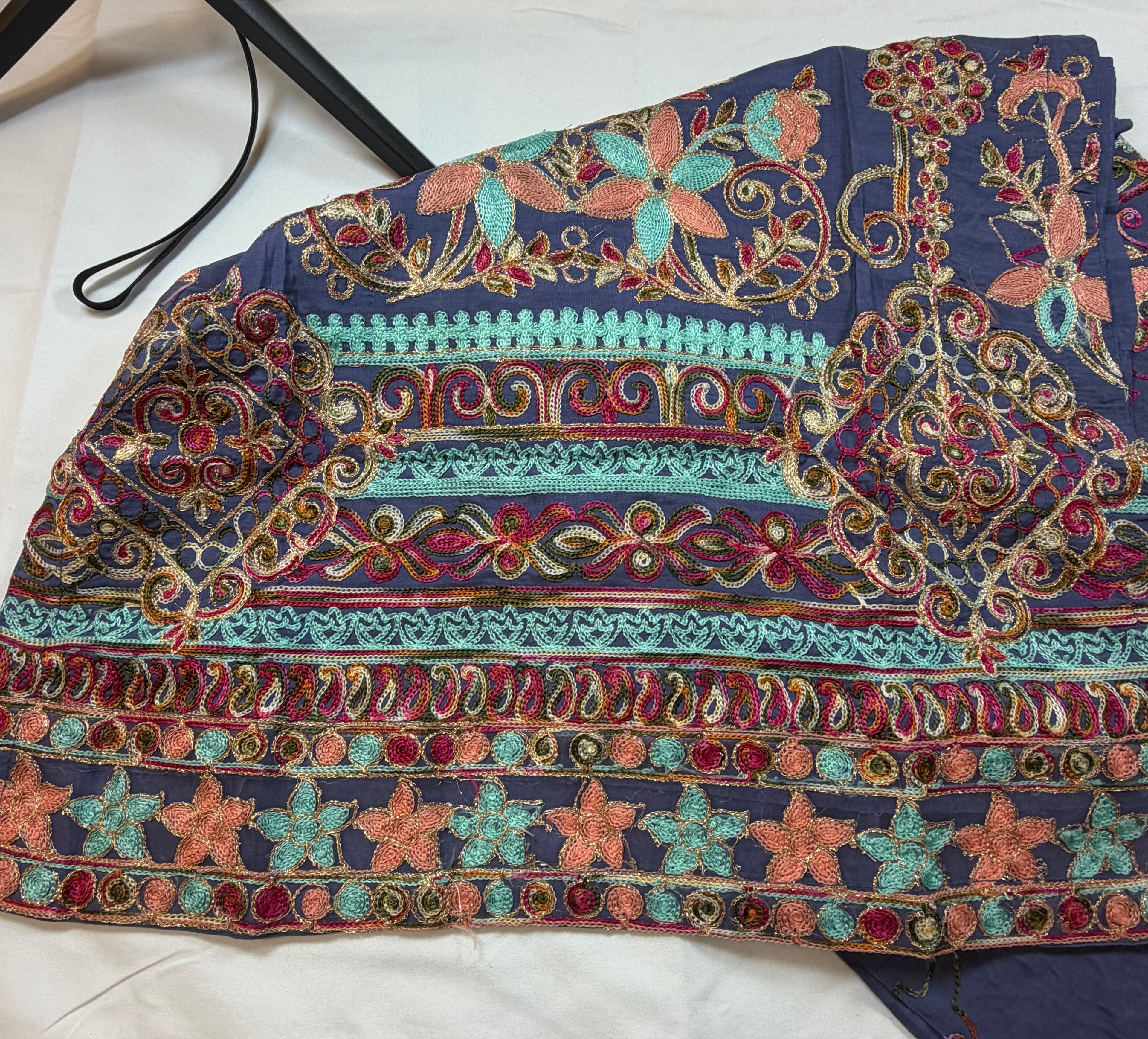 PC017L Blue Embroidered Suit - Turquoise & Coral Floral Threadwork