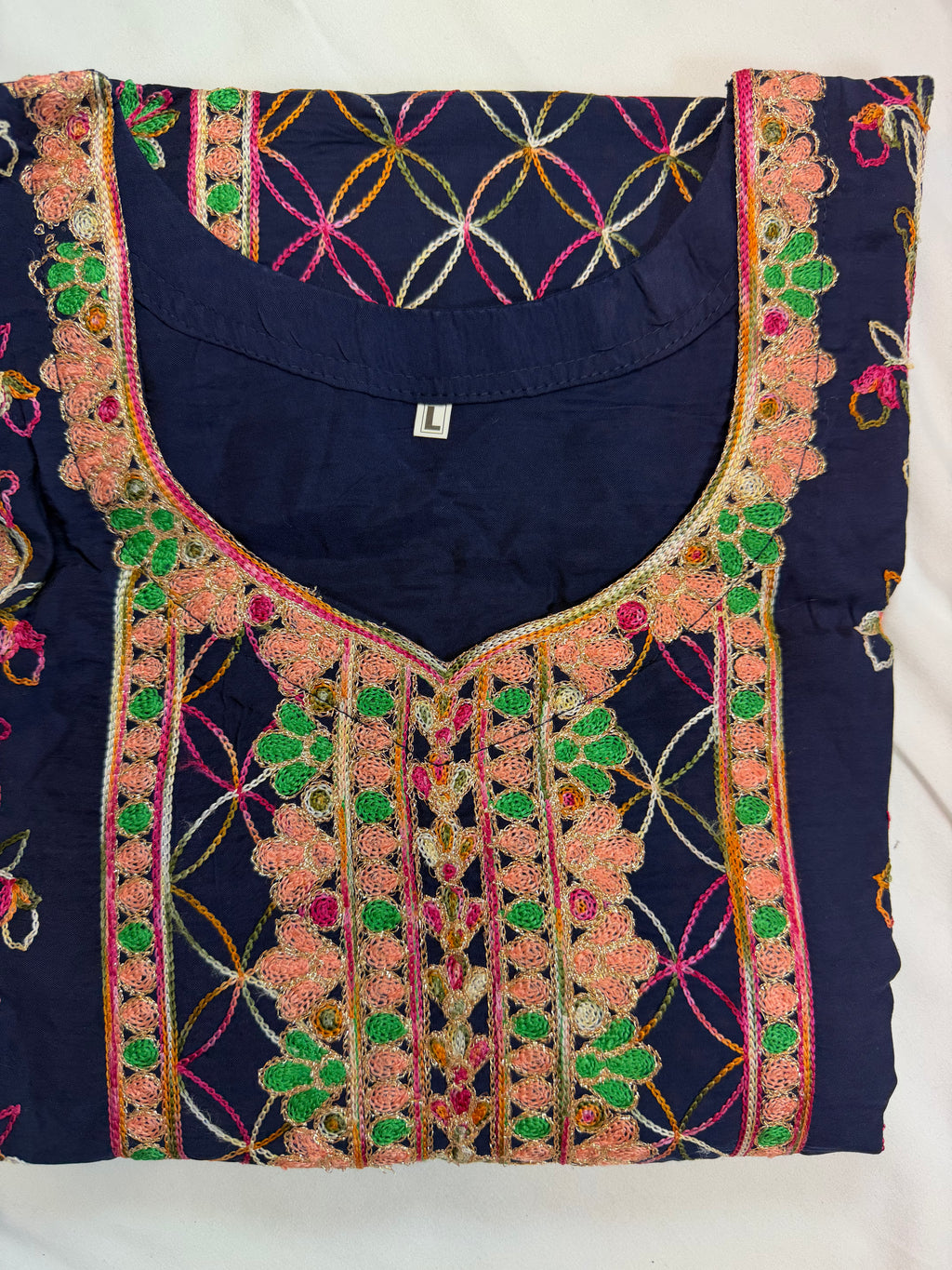 PC017K Navy Blue Embroidered Suit - Geometric Pattern with Peach & Green Threadwork