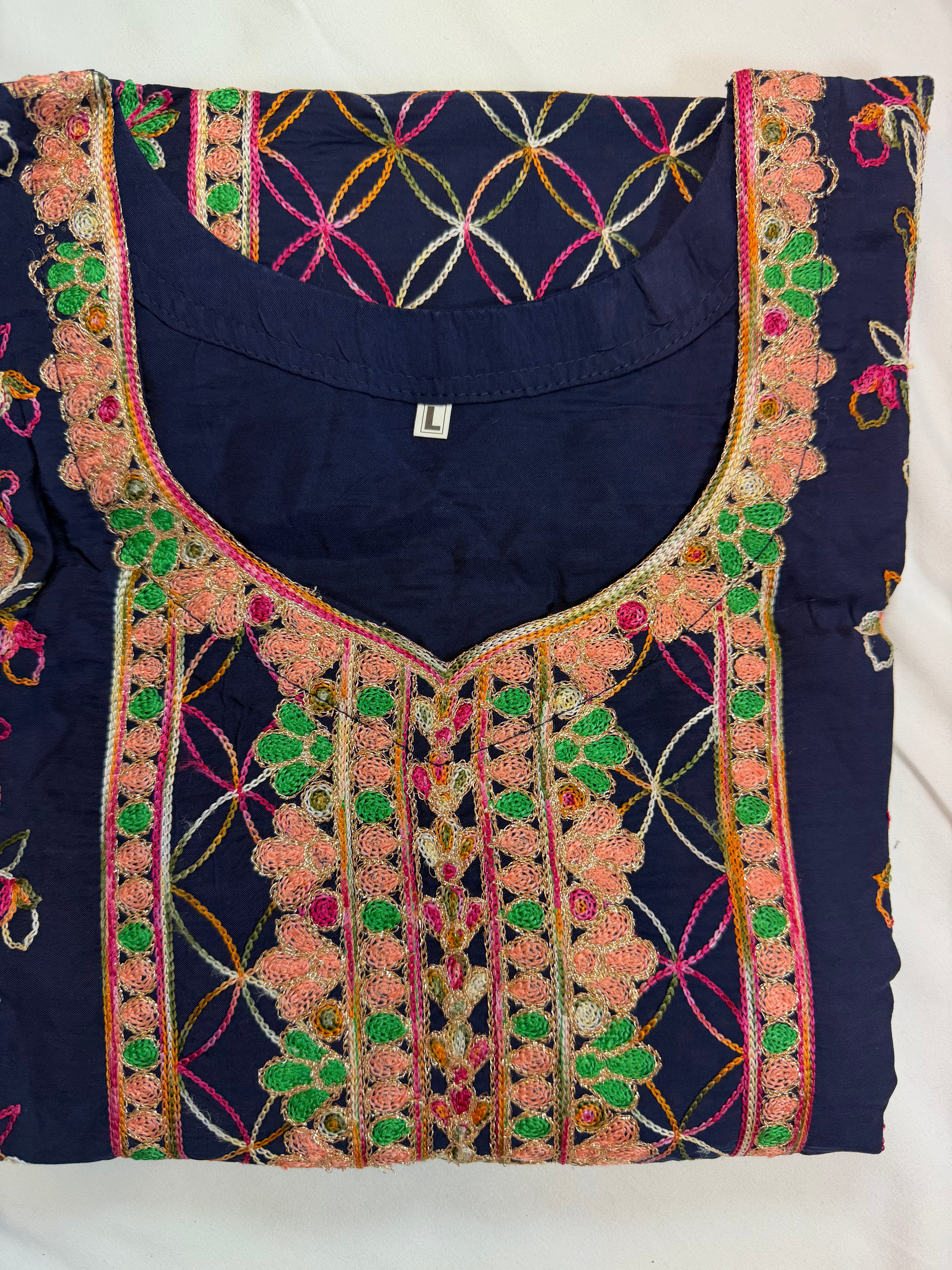 PC017K Navy Blue Embroidered Suit - Geometric Pattern with Peach & Green Threadwork