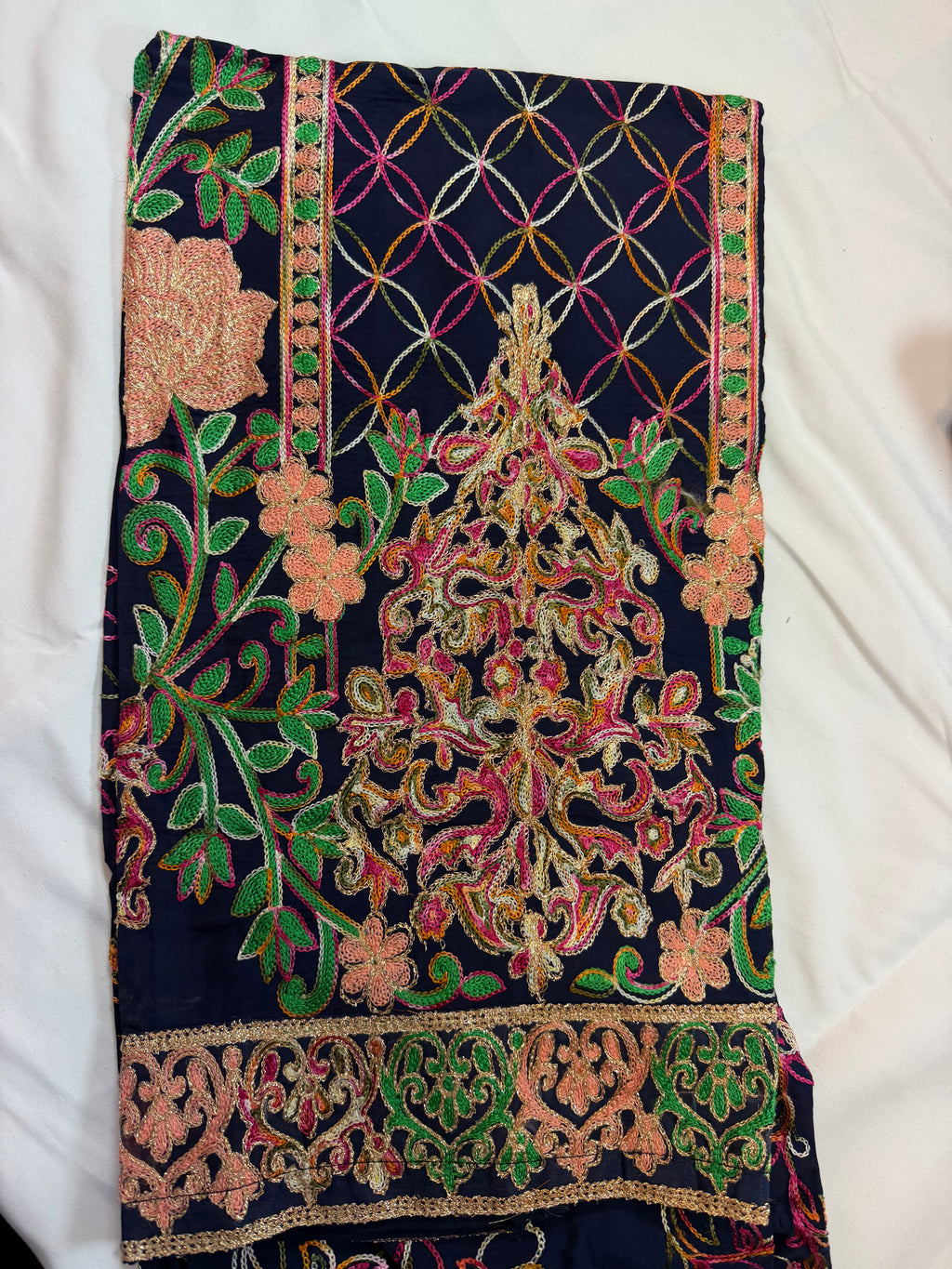 PC017K Navy Blue Embroidered Suit - Geometric Pattern with Peach & Green Threadwork