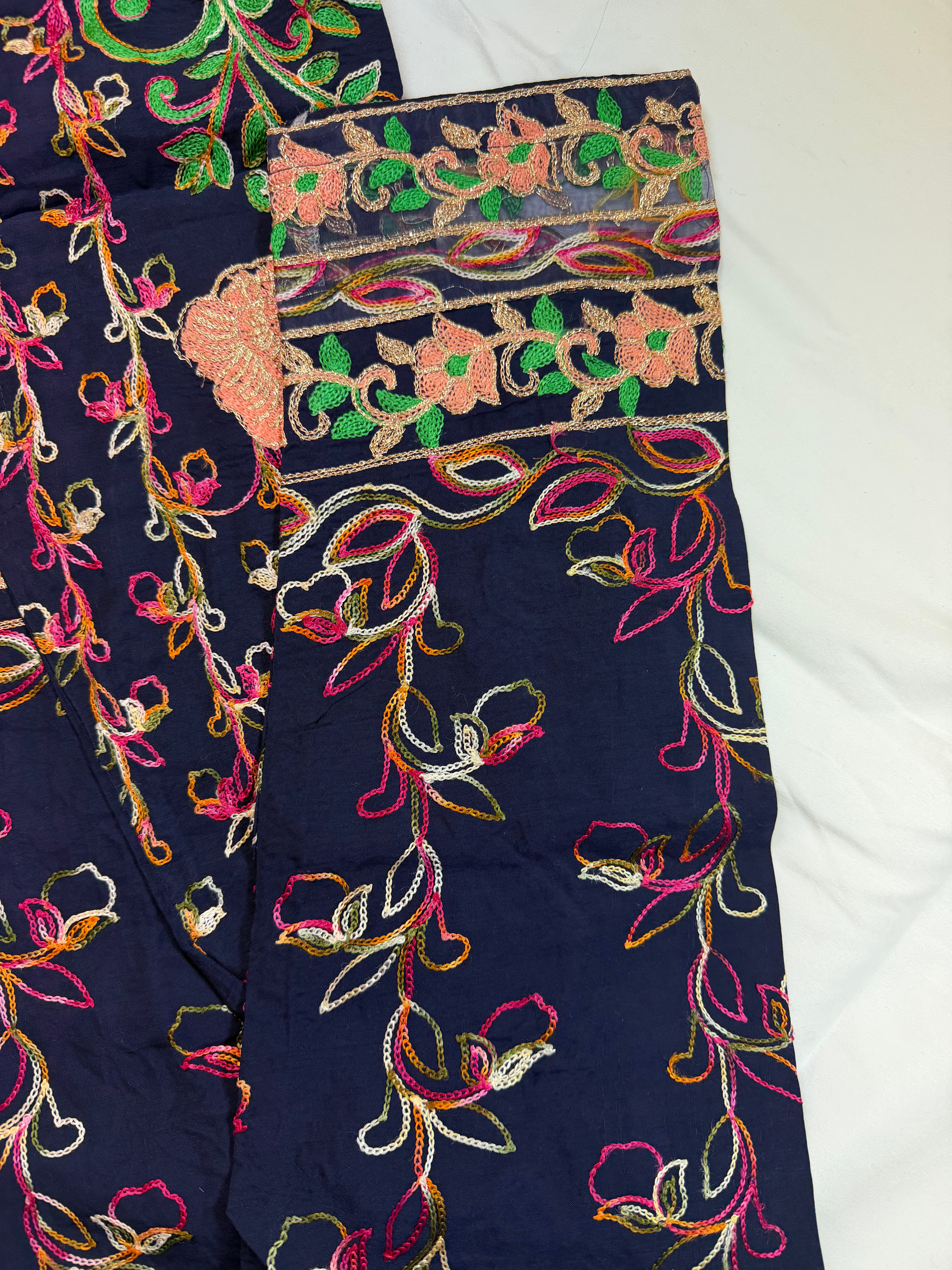 PC017K Navy Blue Embroidered Suit - Geometric Pattern with Peach & Green Threadwork