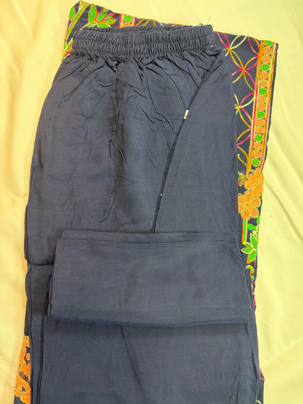 PC017K Navy Blue Embroidered Suit - Geometric Pattern with Peach & Green Threadwork