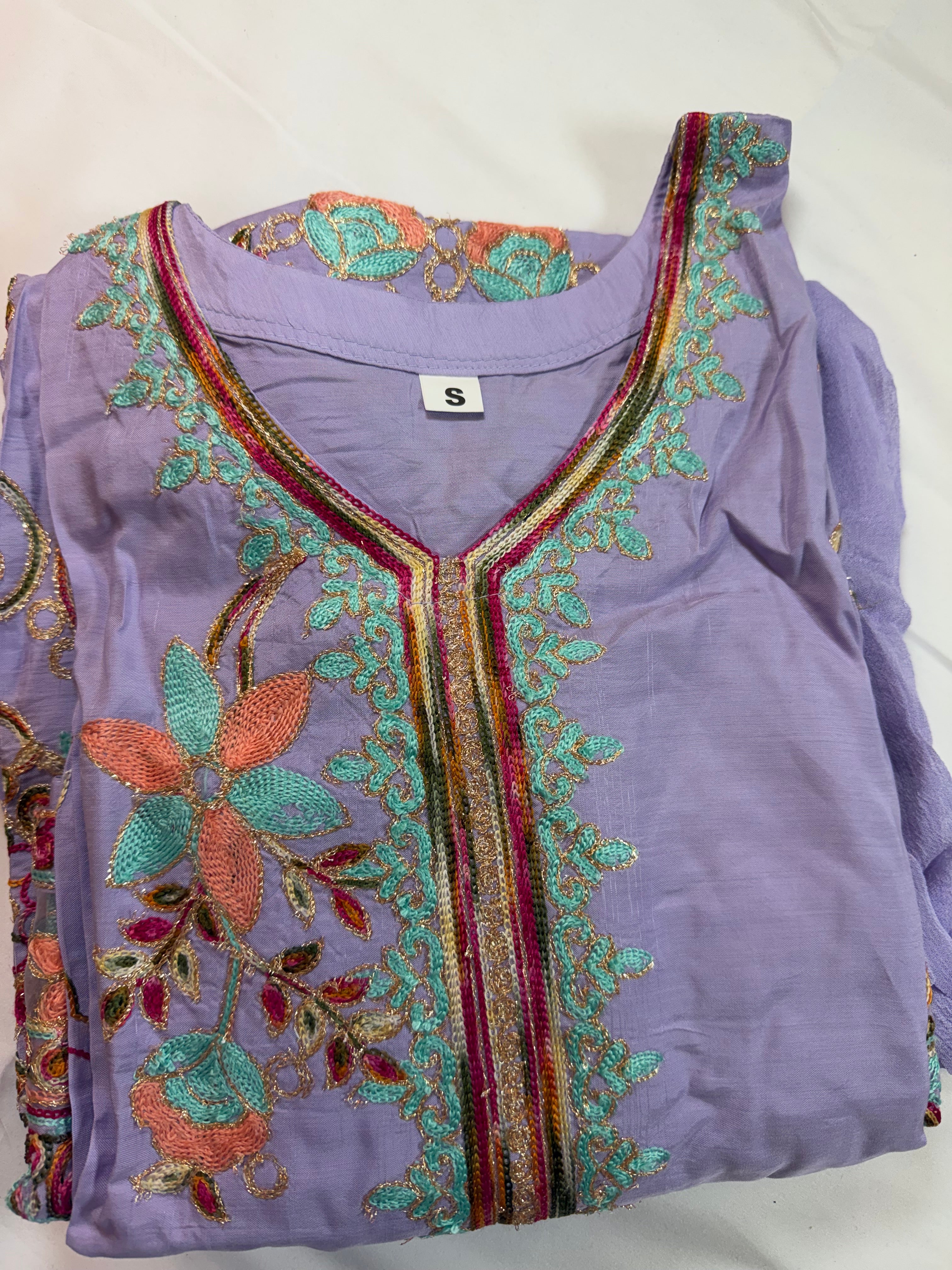 PC017M 3 Piece Lavender Embroidered Suit - Turquoise & Peach Floral Threadwork