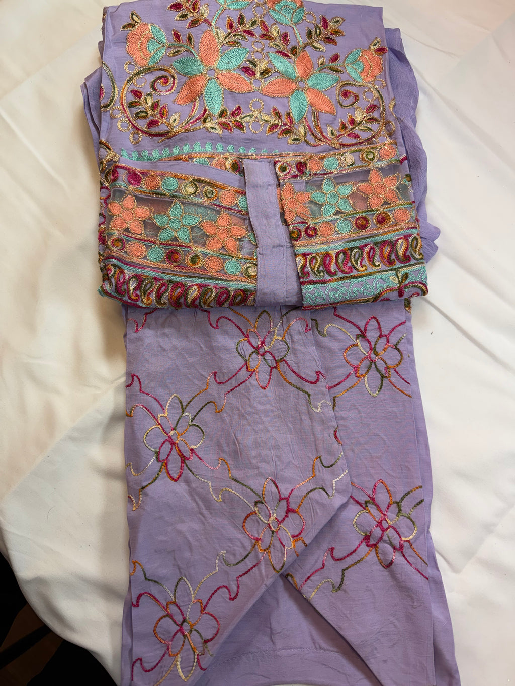 PC017M 3 Piece Lavender Embroidered Suit - Turquoise & Peach Floral Threadwork