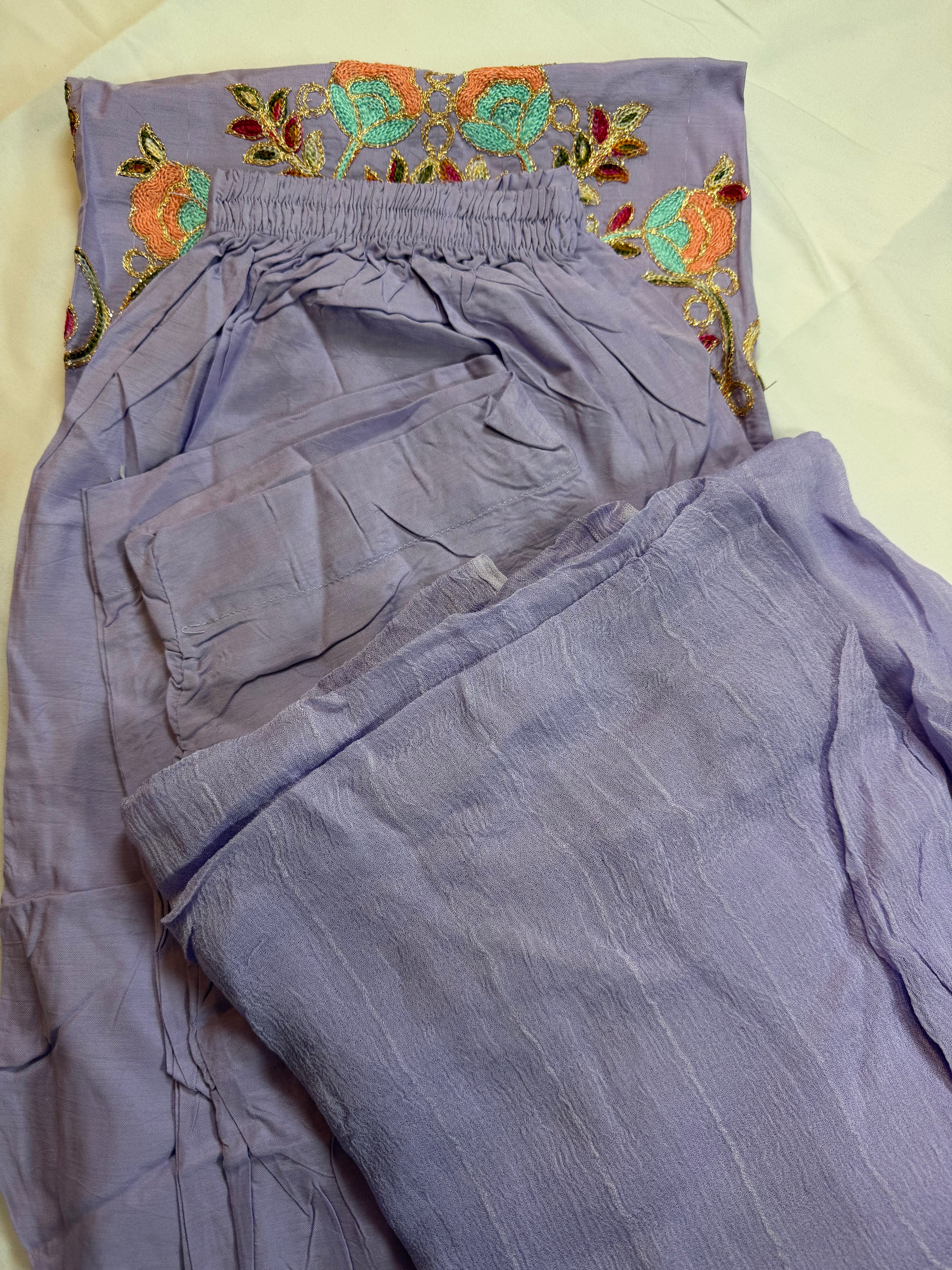 PC017M 3 Piece Lavender Embroidered Suit - Turquoise & Peach Floral Threadwork