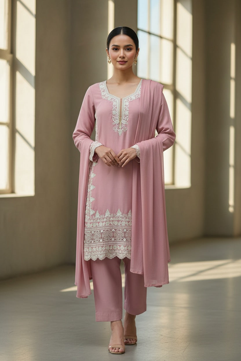 PC017 I 3 Piece Dusty Rose Embroidered Formal Outfit with Silver Thread-work