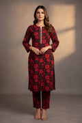 PC018 2Piece Black & Red Floral Print Suit - Bold Rose Pattern with Silver Embellished Placket
