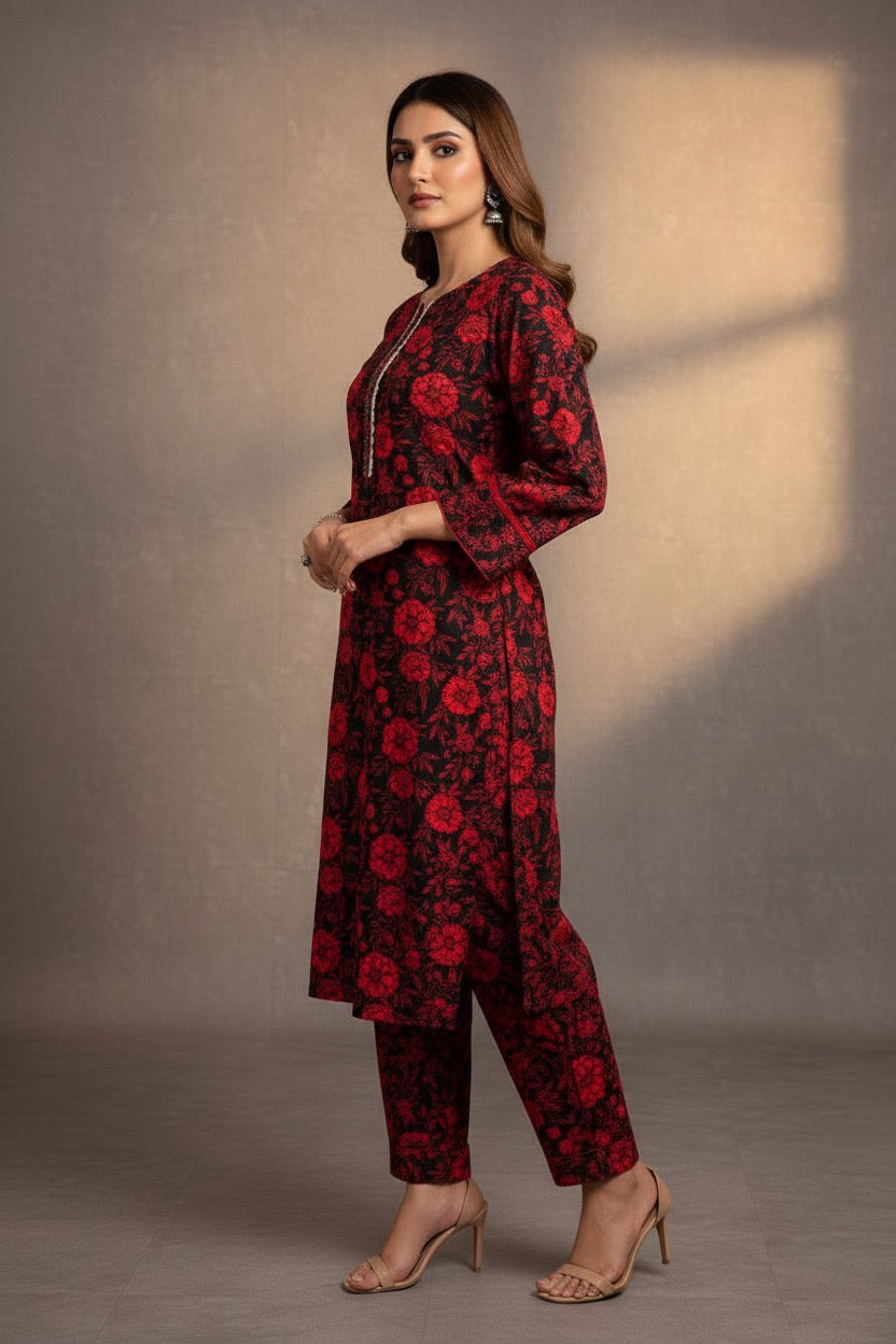 PC018 2Piece Black & Red Floral Print Suit - Bold Rose Pattern with Silver Embellished Placket