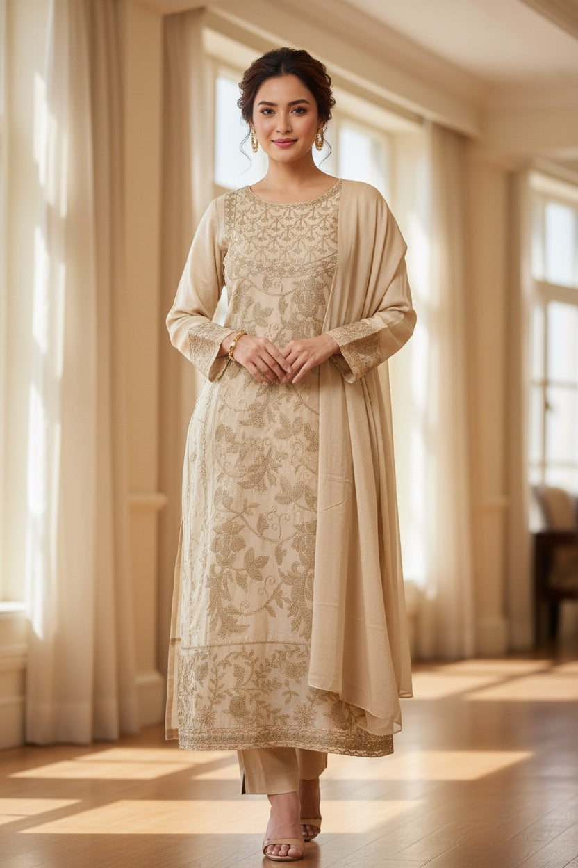 PC017P 3Piece Beige Embroidered Suit - Gold Floral Threadwork with Geometric Yoke Design